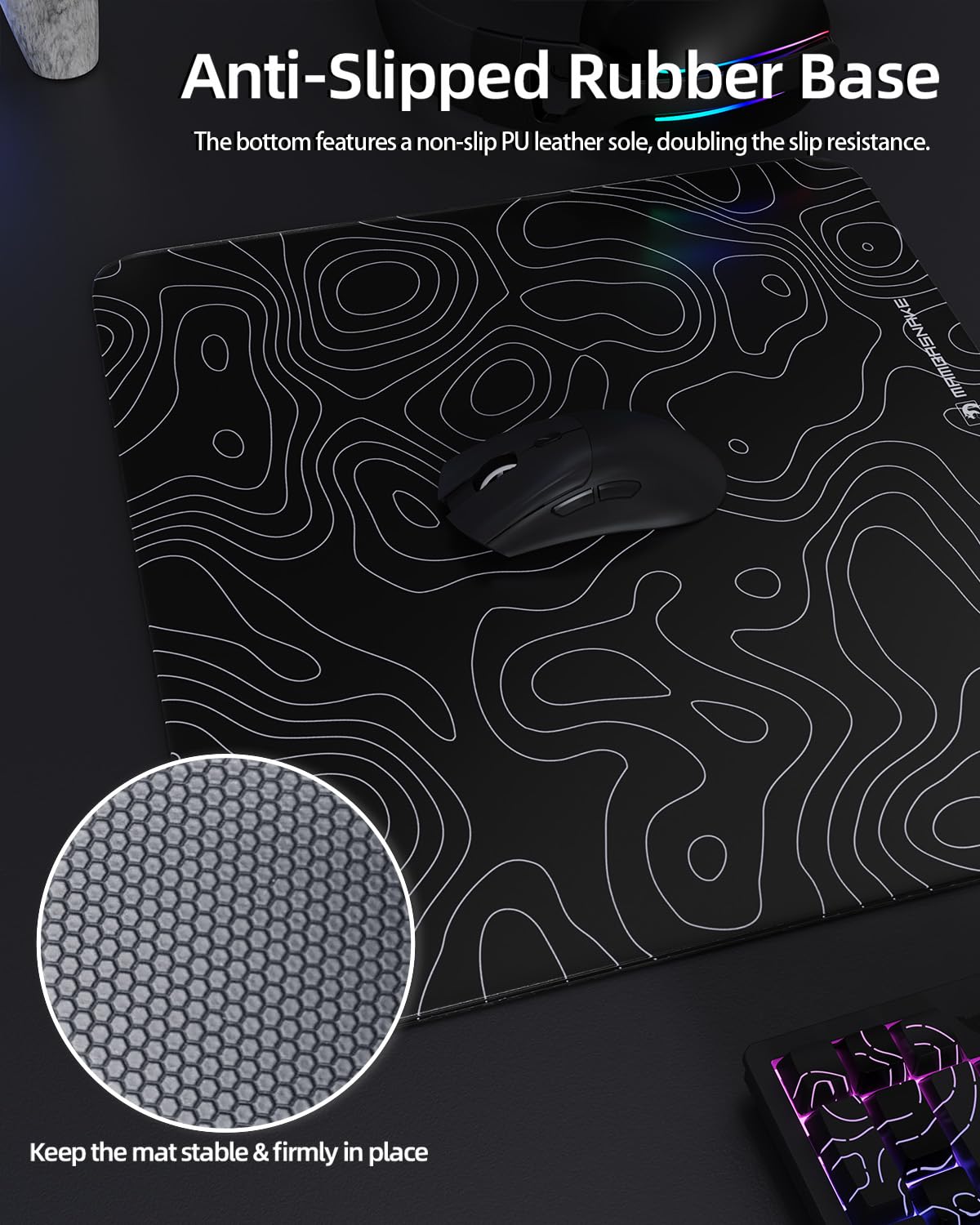 MAMBASNAKE x ATTACK SHARK CM05 Contour Glass Hard Gaming Mousepad,Nano-Micro-Etched Texture,Smooth Glass Surface,High Accuracy,Fast-Moving,Anti-Scratch, PU Leather Non-Slip Base, Large Size(450×400mm)