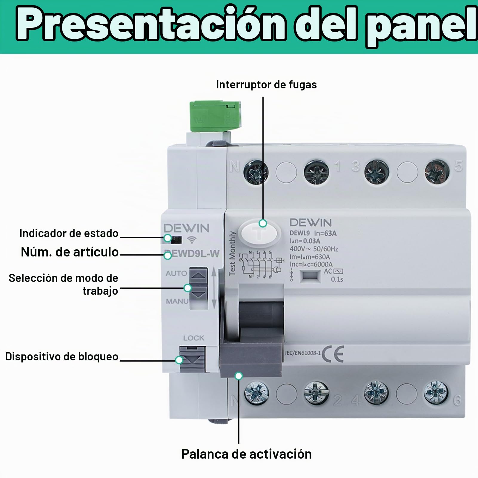 DEWIN Diferencial Rearmable WiFi, 4P 63A 30mA 400V Interruptor Diferencial Rearme RCCB Diferencial Rearmable DEWD9L-W