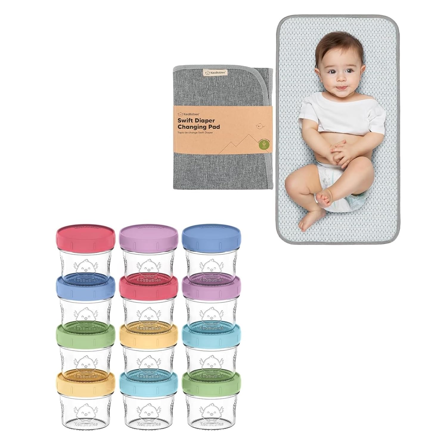 KeaBabies Portable Diaper Changing Pad and 12-Pack Baby Food Containers - Waterproof Foldable Baby Changing Mat - 4 oz Containers with Lids - Travel Diaper Change Mat - Glass Baby Food Jars