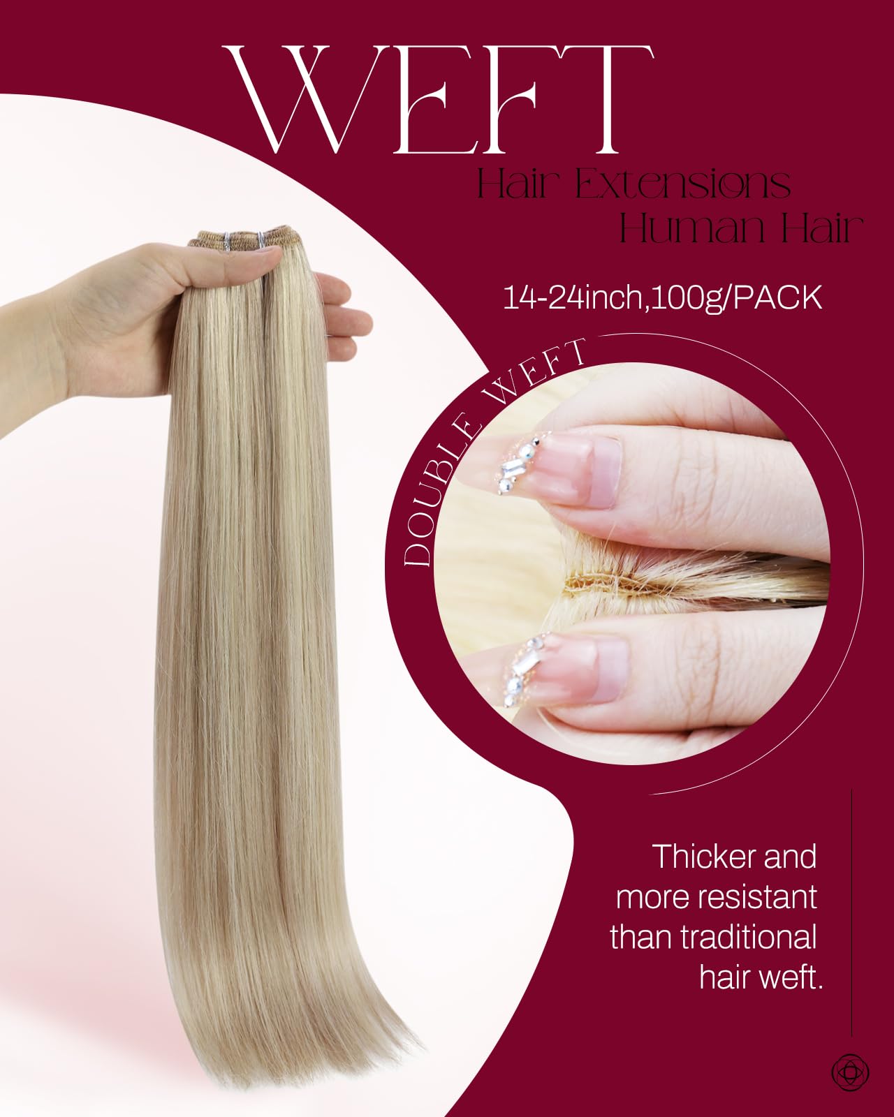 Moresoo Blonde Weft Hair Extensions Real Human Hair Ash Blonde with Platinum Blonde Double Weft Sew in Human Hair Extensions One Piece for Daily Wedding Use 22 Inch 100g/pack #P18/613 - Image 2