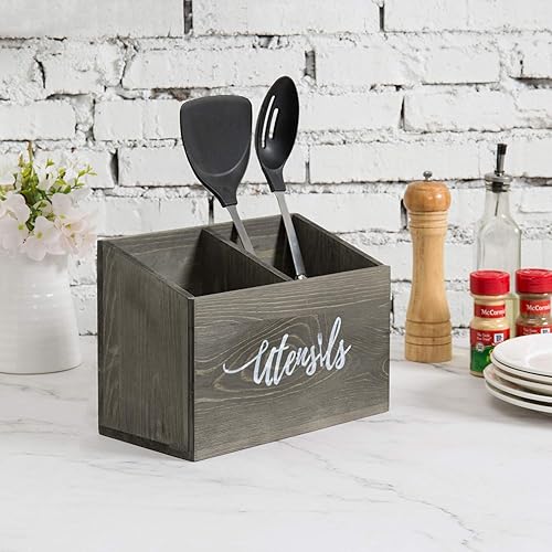 Miniatura 10 de MyGift Soporte para utensilios de cocina de madera quemada maciza de 2 ranuras para encimera, organizador de herramientas de cocina, organizador con