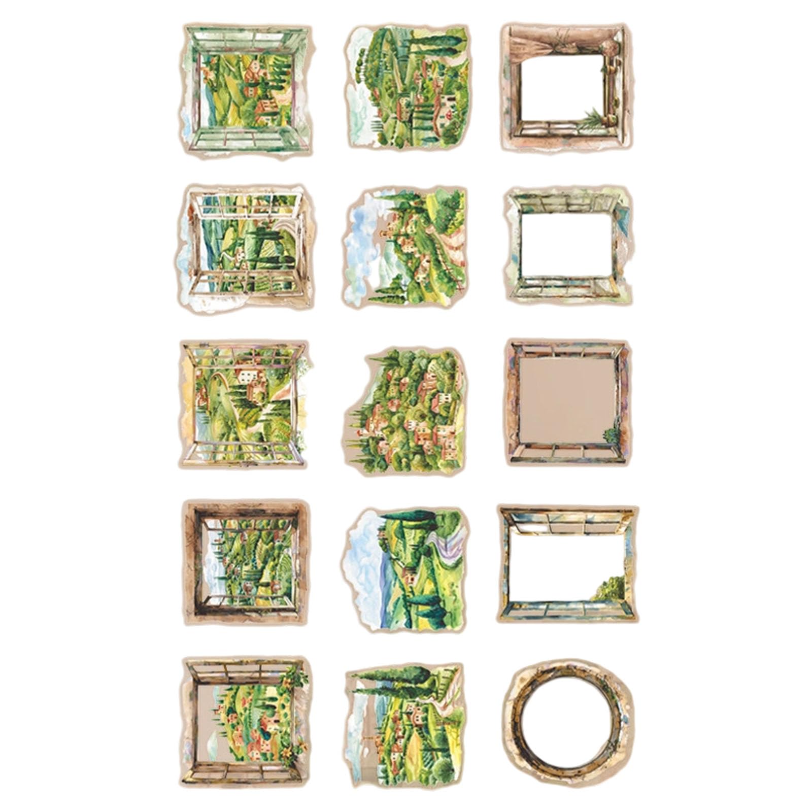 COOLHOOD 15 Piece Pane Scenery PET Transfers Set for Journals Art Undertakings Waterproof Permanent Gluey Transfers Scrapbooking