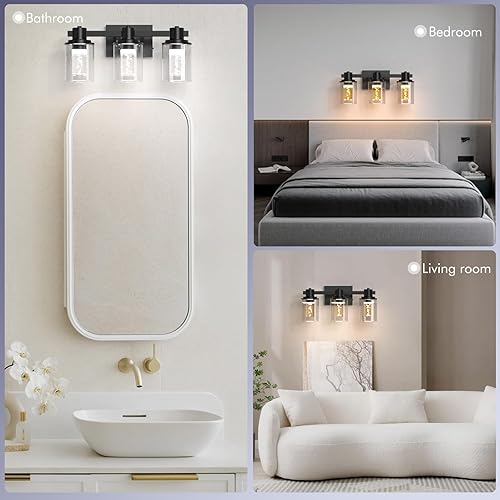 Miniatura 8 de Quntis Lámpara de baño de 3 luces, color negro, de 17.5 pulgadas, con pantalla de cristal de burbujas, 2700-6500 K, moderna lámpara LED de baño