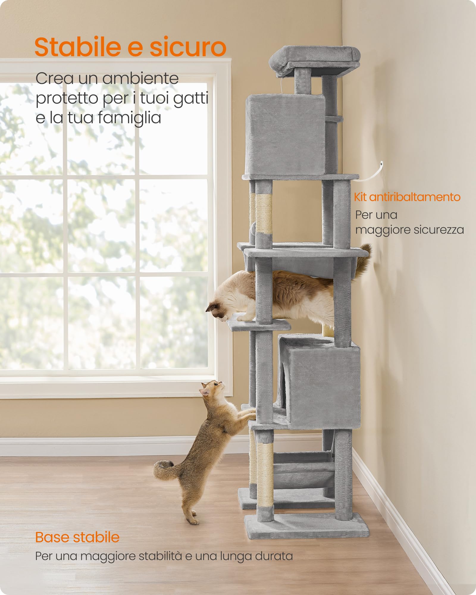 Feandrea Albero per Gatti Grande, Tiragraffi Multilivello XXL, Alto 201 cm, con una Piattaforma, un'Amaca, 2 Casette per Gatti, 2 Amache, Kit Antiribaltamento, Grigio Chiaro PCT195G01V1