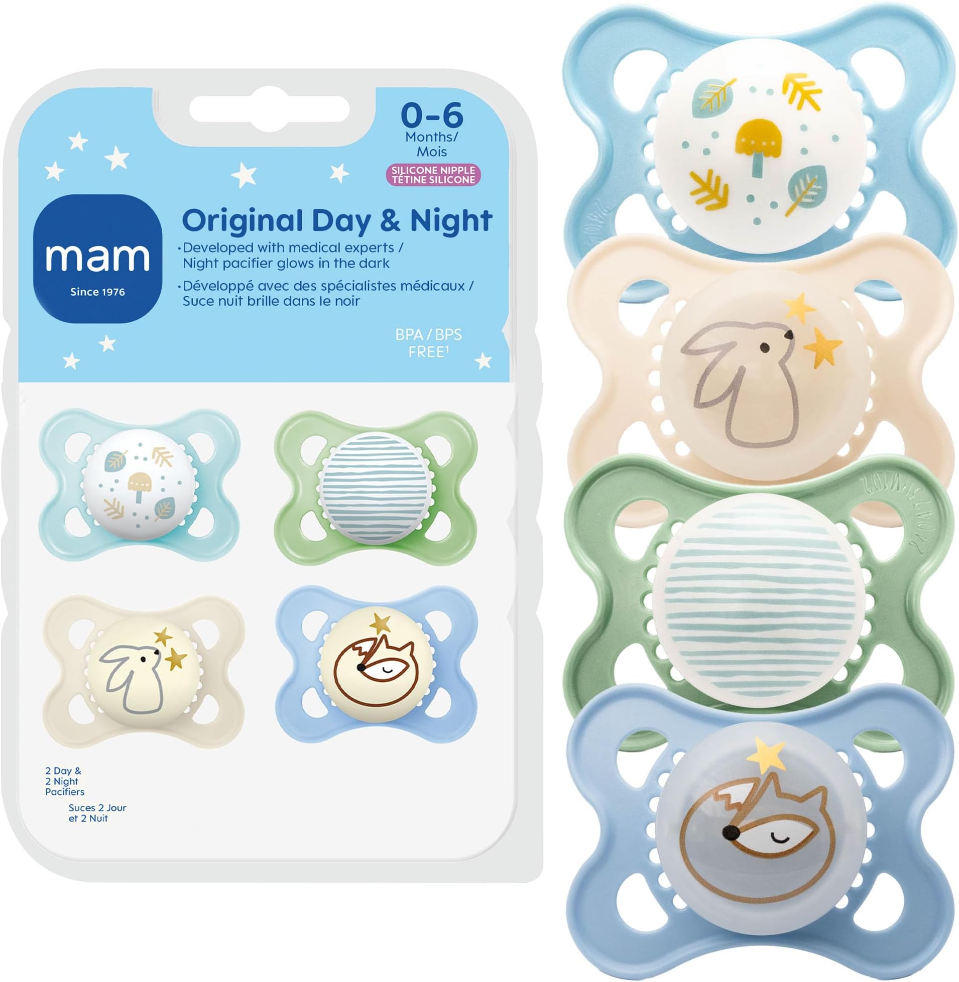 Original Baby Pacifiers 0-6 Months, Binky for Newborn Babies, BPA-Free Skin Soft Silicone Nipple, Glows in The Dark, Developed with Medical Experts, 4 Count, Made in Europe