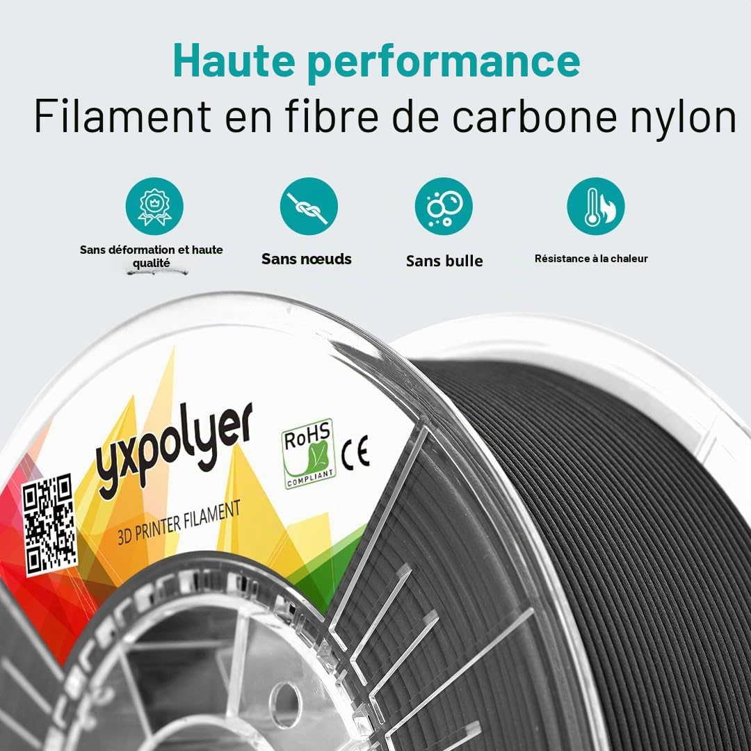 YXPOLYER Filament en fibre de carbone en nylon pour imprimante 3D PA6-CF 1,75 mm1 kg PA CF Filament d'impression 3D