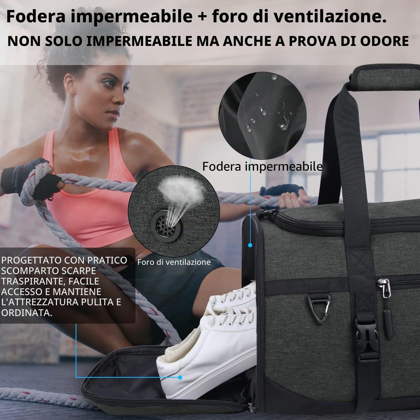 Lubardy Borsone Palestra Uomo Donna 55L Impermeabile Borsone da Viaggio Grande con Asciugamano Palestra e Scomparto Scarpe Duffel Bag Borsa Sportiva Nuoto Nero