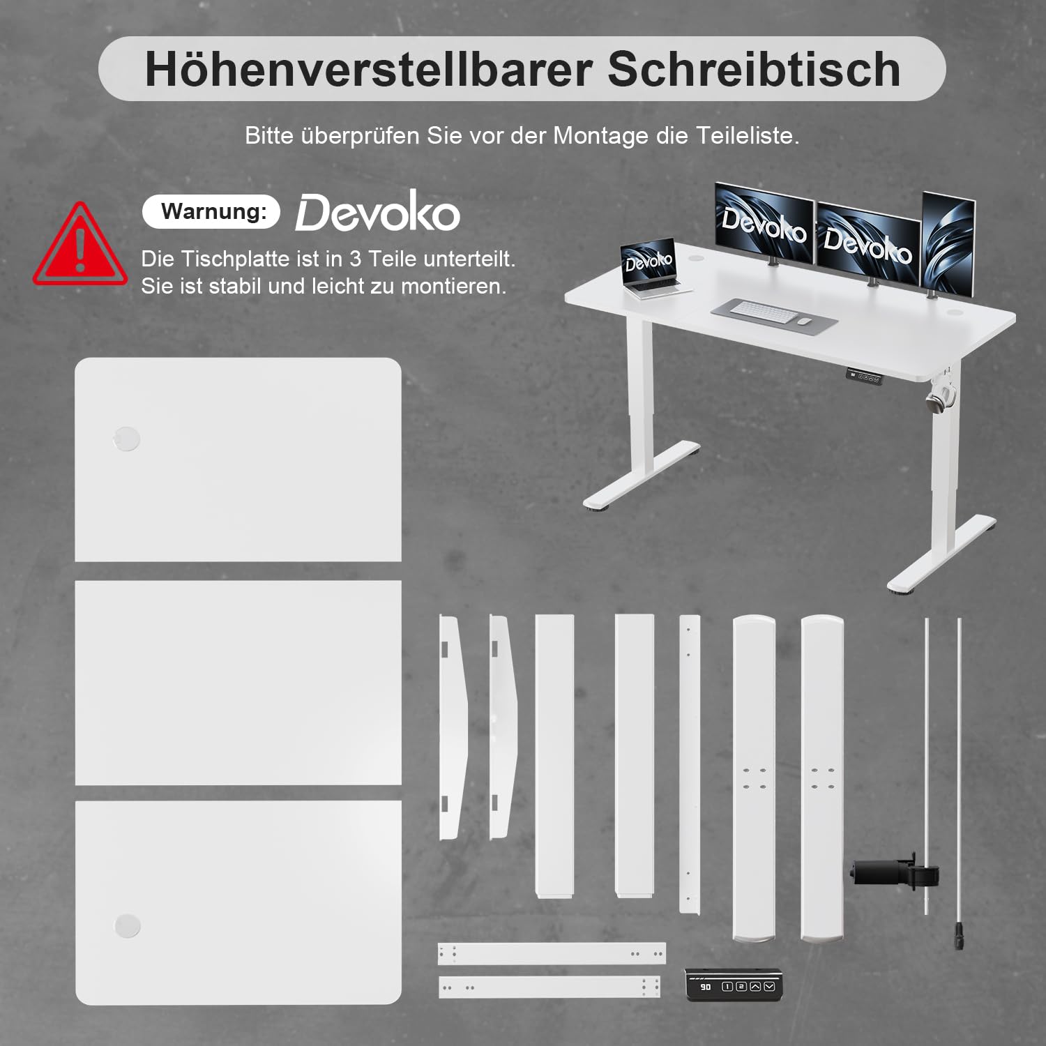 Devoko Elektrisch Höhenverstellbarer Schreibtisch 160 x 60 cm – Stabiler Stehschreibtisch ohne Wackeln, Leise Höhenverstellung für Home Office, 71–119 cm, 2-Memory-Funktion Computertisch, Weiß