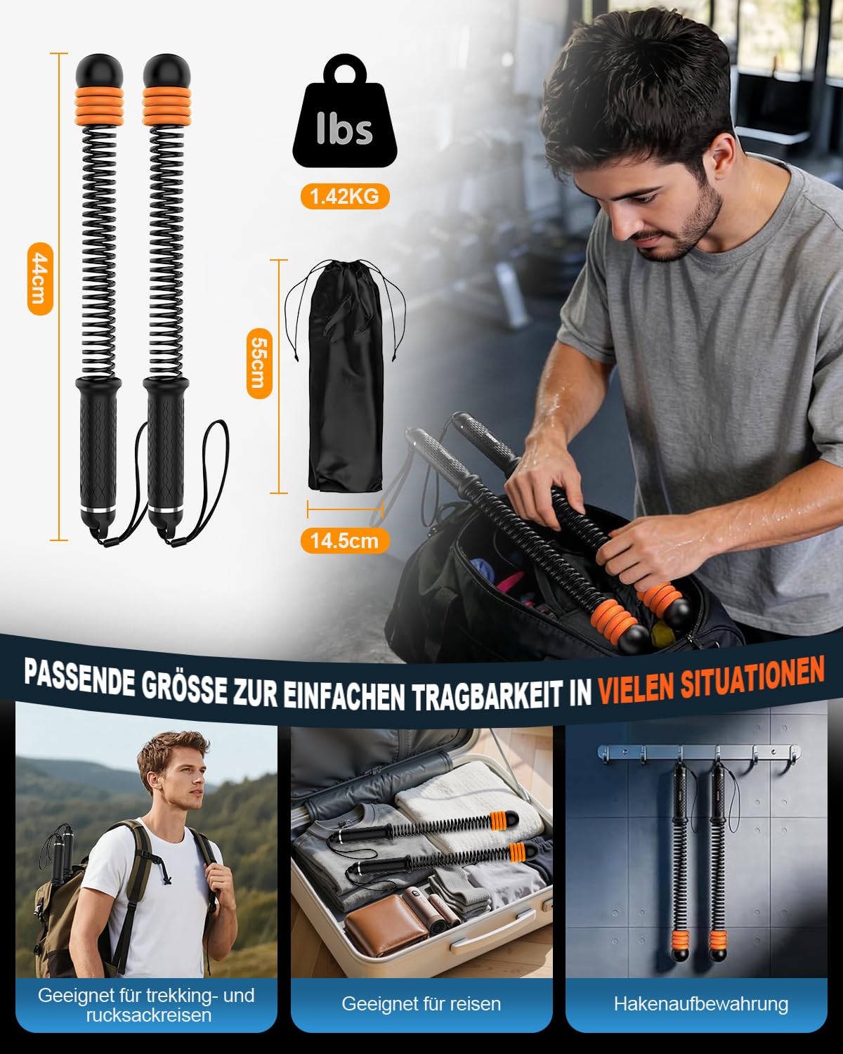 Battle Ropes Ropeless, Battle Rope ohne Seil, mit 8 einstellbaren Widerstandsfedern und Aufbewahrungstasche für das Training zu Hause, tragbar für Krafttraining und Cardio-Fitness