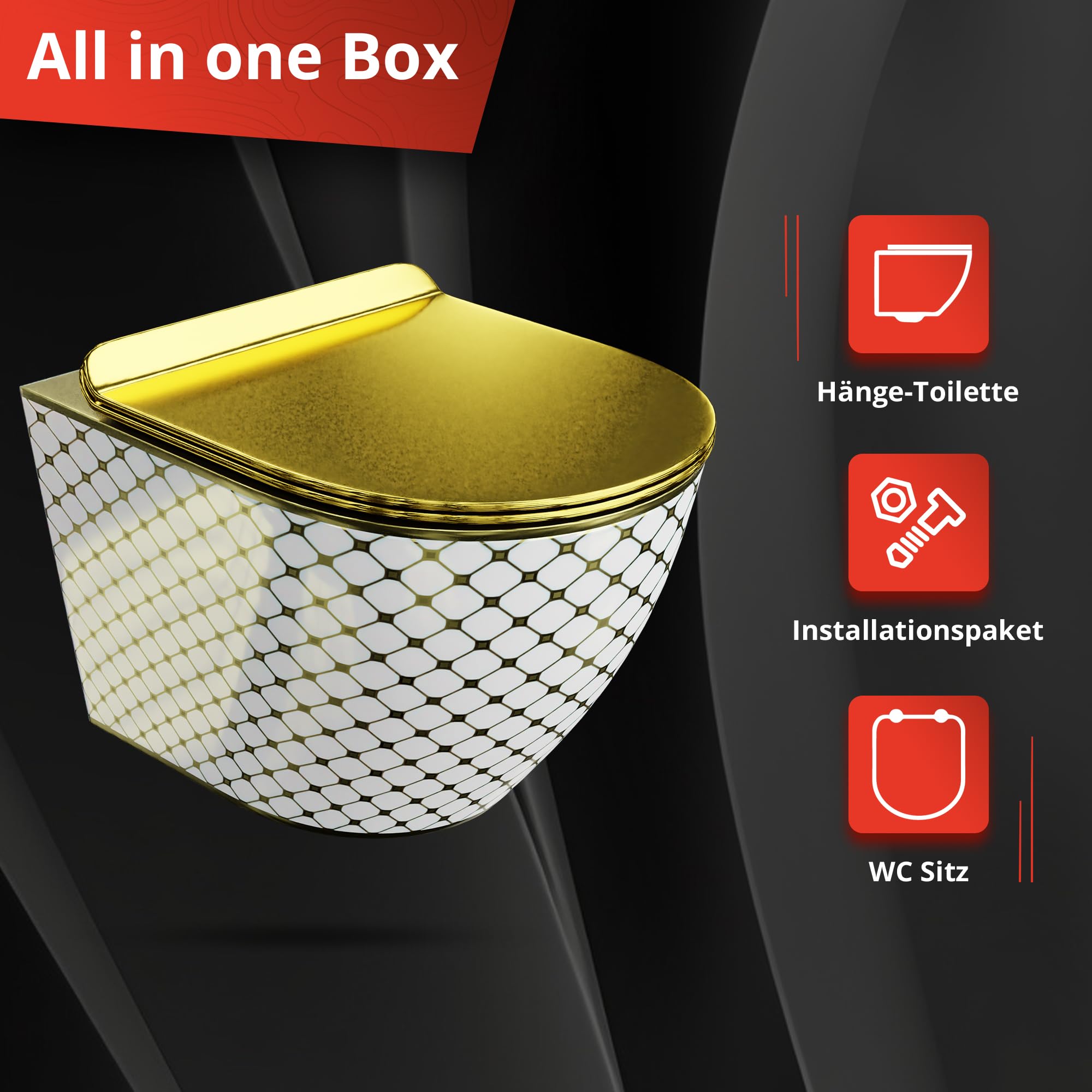 Lavita LAV 101 Élément mural WC 40 cm + évier mural SOFI SLIM CHECKED GOLD sans bord + panneau de commande LAV 200.3.5 Gold | Kit complet | Réservoir de chasse encastré