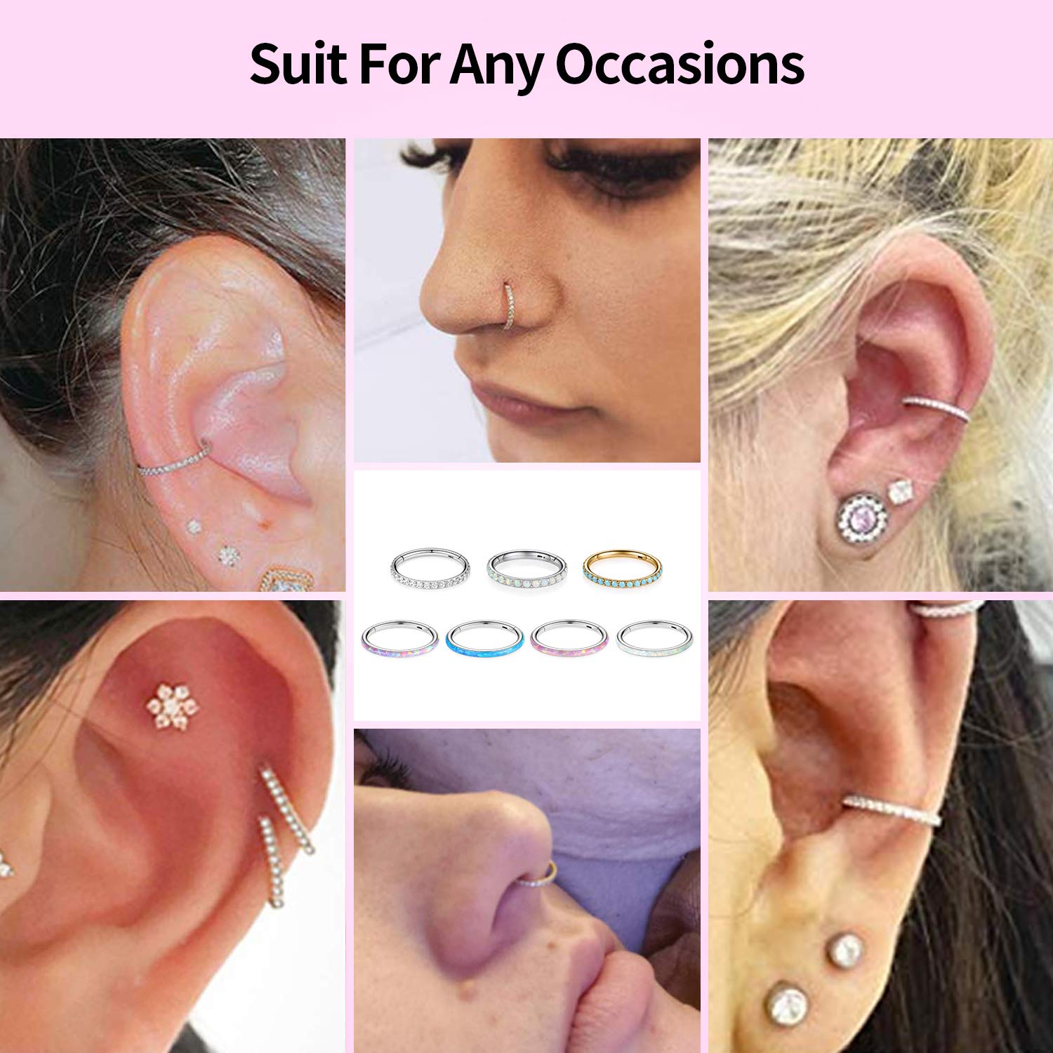 hengkaixuan CZ/Opal Nose Rings Conch Jewellery Septum Clicker 316L Surgical Steel Segment Ring Helix Cartilage Earrings Hoop Daith Tragus Rook Piercing Jewellery — view 4