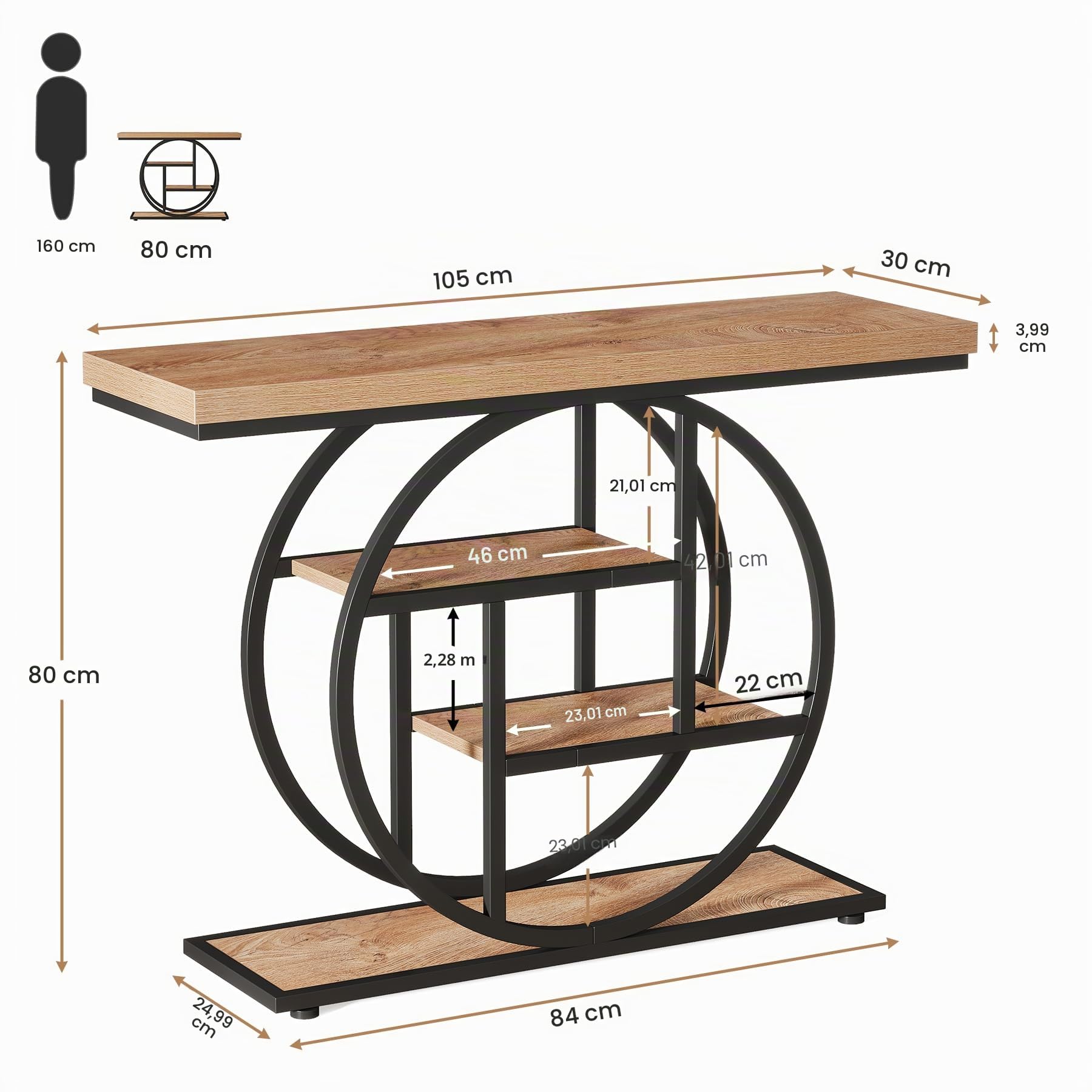 Tribesigns Mesa Consola Industrial de 105cm, Mesa de Entrada de sofá de 4 Niveles con Base Circular, mesas estrechas de Madera con estantes de Almacenamiento para Sala (Marrón Claro)