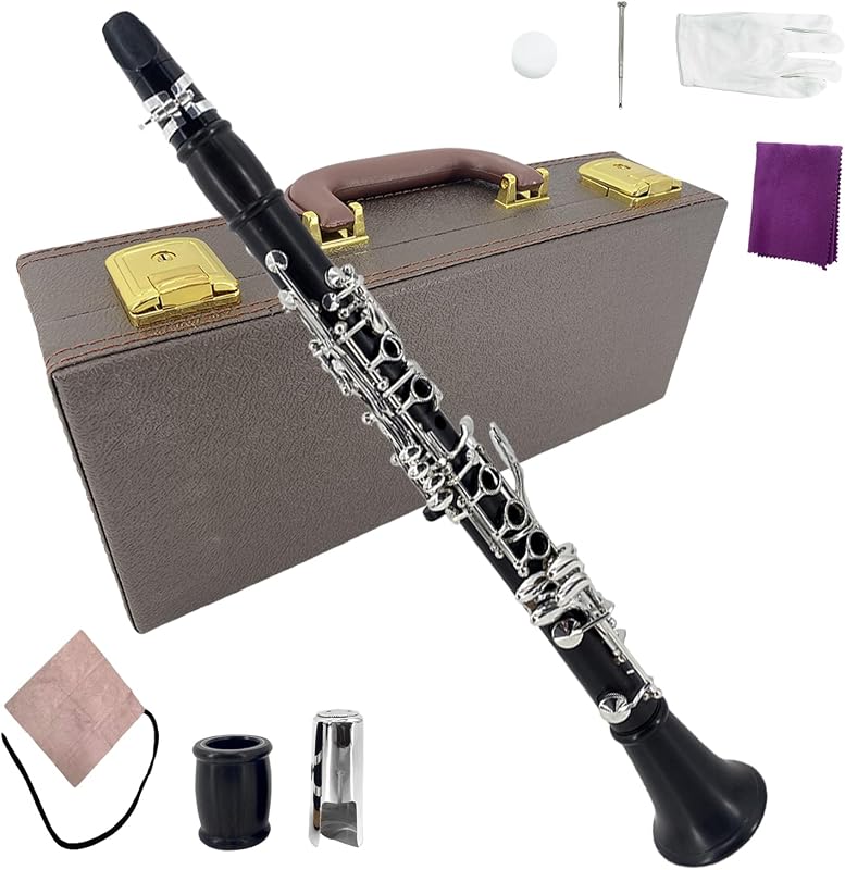 Vetimobato Professional E Flat Clarinet Eb Nickel Plated Key Clarinet With White 2 Barrels Gloves Hard Case Cleaning Kit (Ebony Clarinet Eb)