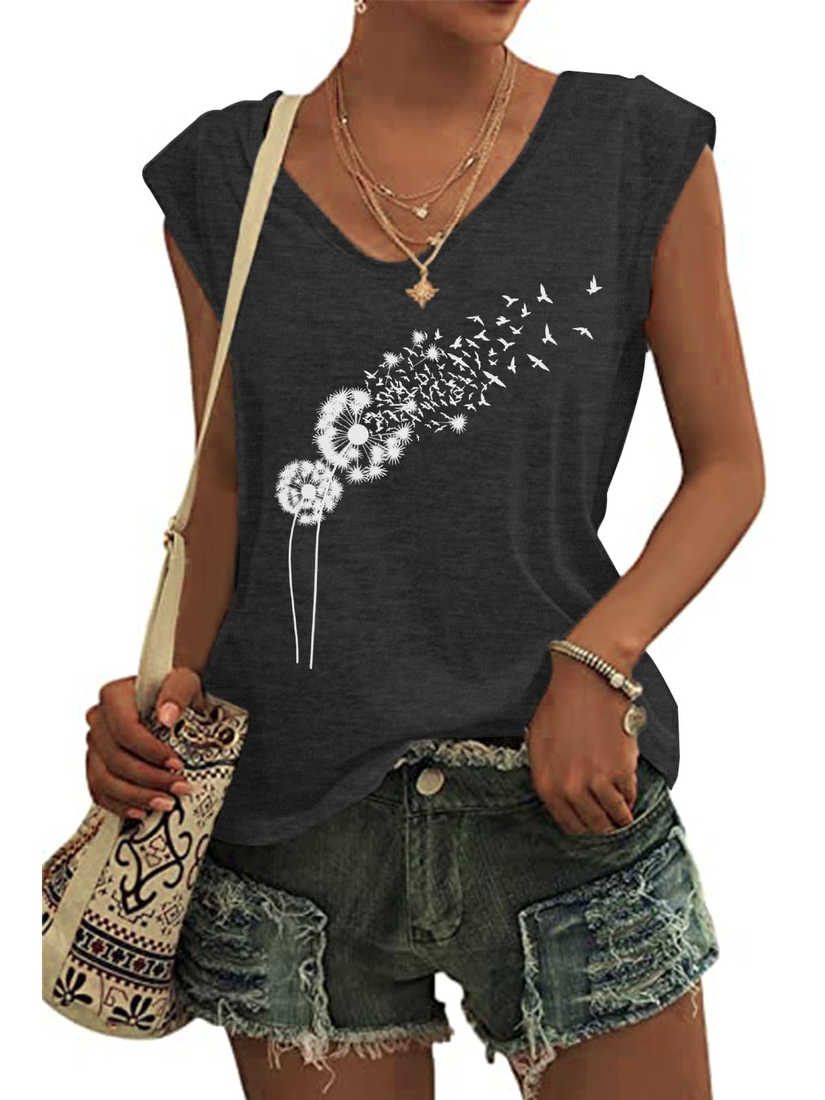 Bellcoco Womens Graphic Tank Tops Summer Spring Casual V Neck Cap Sleeve Tops Loose Fit Basic Tees Shirts Blouse