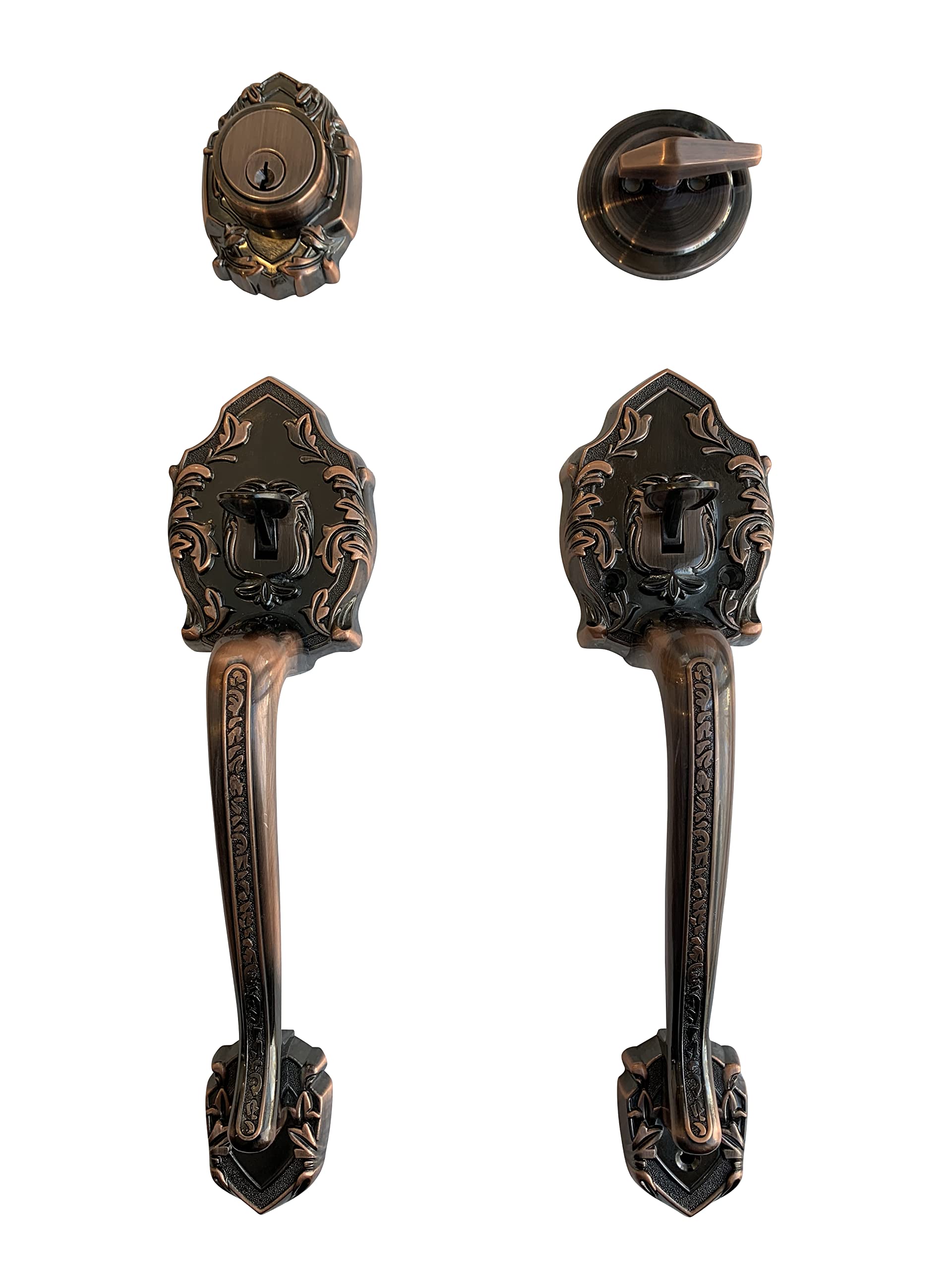 LOCKSET4U Single Reversal Front Door Hardware Set Luna, Heavy Duty Grip Entry Single Door Lock Set with Grip Handle and deadbolt, Antique Copper