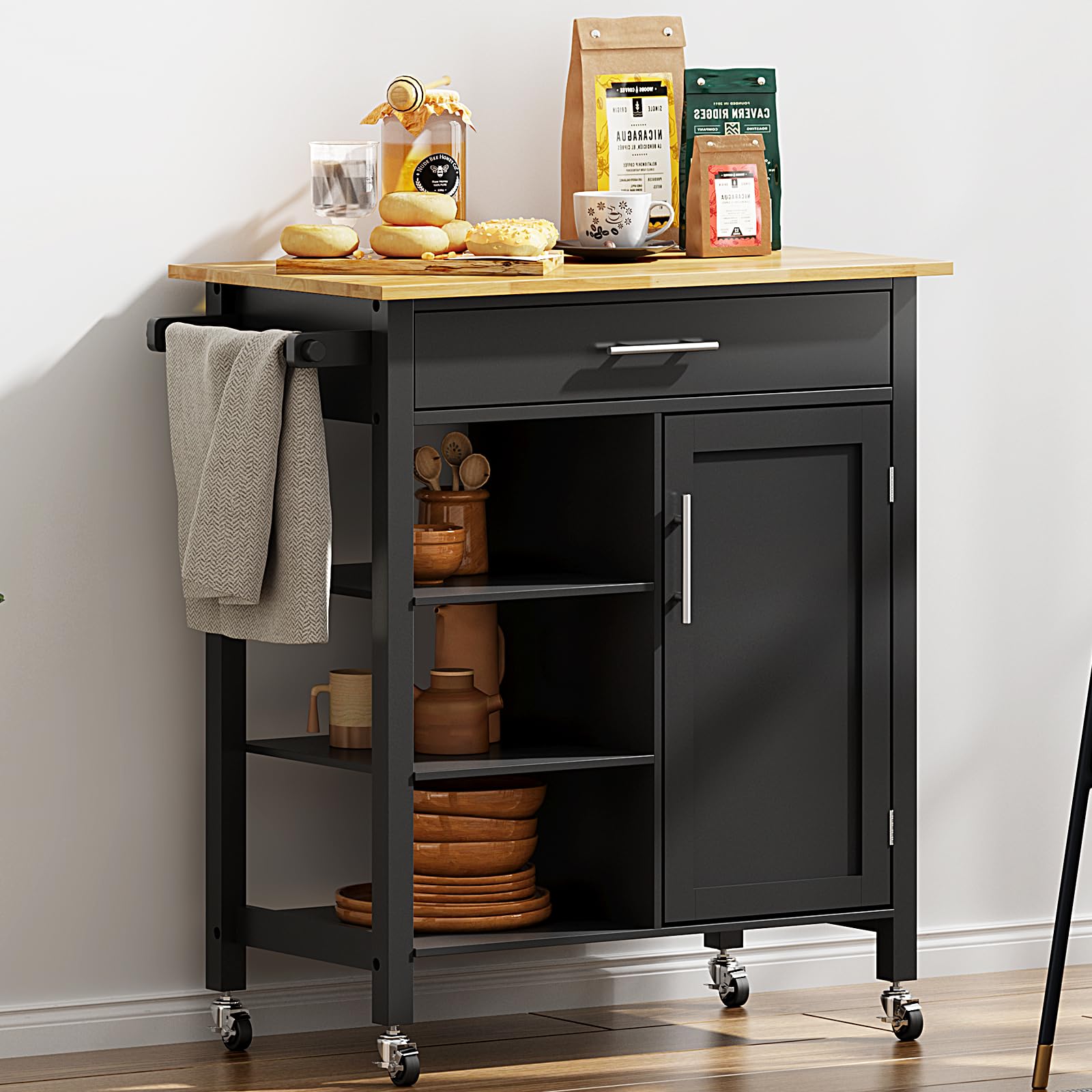 SDHYL - Isla de cocina móvil con almacenamiento de aparador, cocina con ruedas con encimera, postre con ruedas, carro bar con estantes, toallero y cajón y puerta, color negro