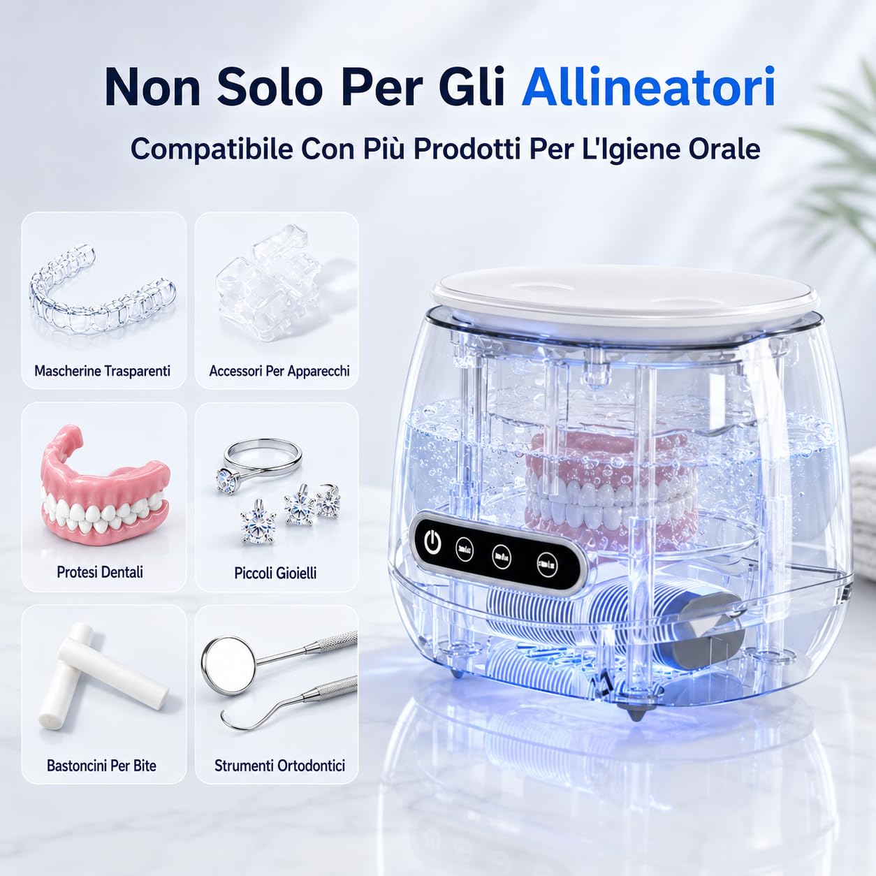 Cleon - Pulitore ad Ultrasuoni 45000Hz con 3 Modalità - Pulitore Ultrasuoni Apparecchio Denti Compatto, Vaschetta in Acciaio Inox, per Retainer, Gioielli e Accessori Quotidiani (Nero)
