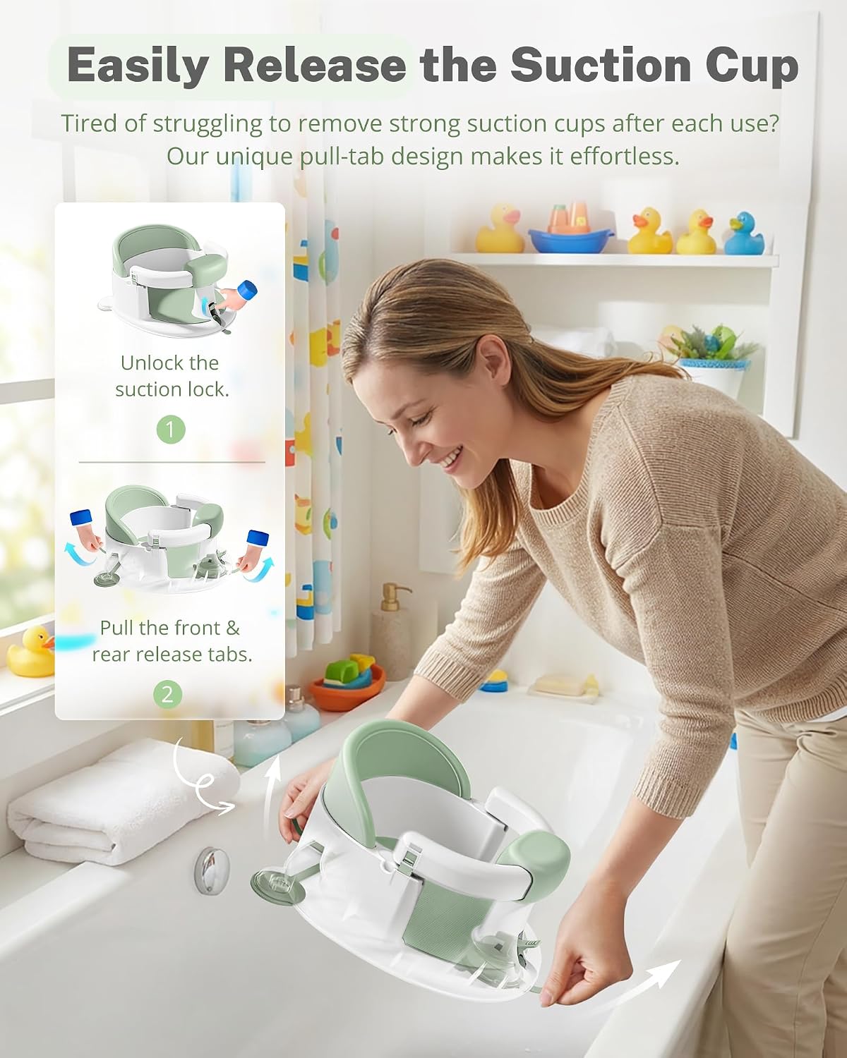 ONTHEWEI Baby Bath Seats for Babies Sitting Up, Non-Slip Baby Bathtub with 3 Suction Cups, Safe & Comfortable Toddler Bath Seat Ideal for Baby Bath/Shower Support, Stable Design, Mist Green