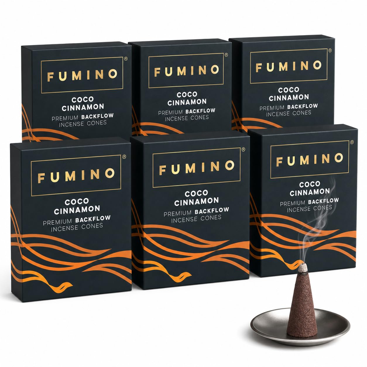 Fumino Coco Cinnamon Backflow Incense Cones 90 Pack 6 Boxes - Natural Masala Cones for Waterfall Cascade Smoke & Meditation, Warm Sweet Spice Scent, Hollow-Core for Backflow Burners