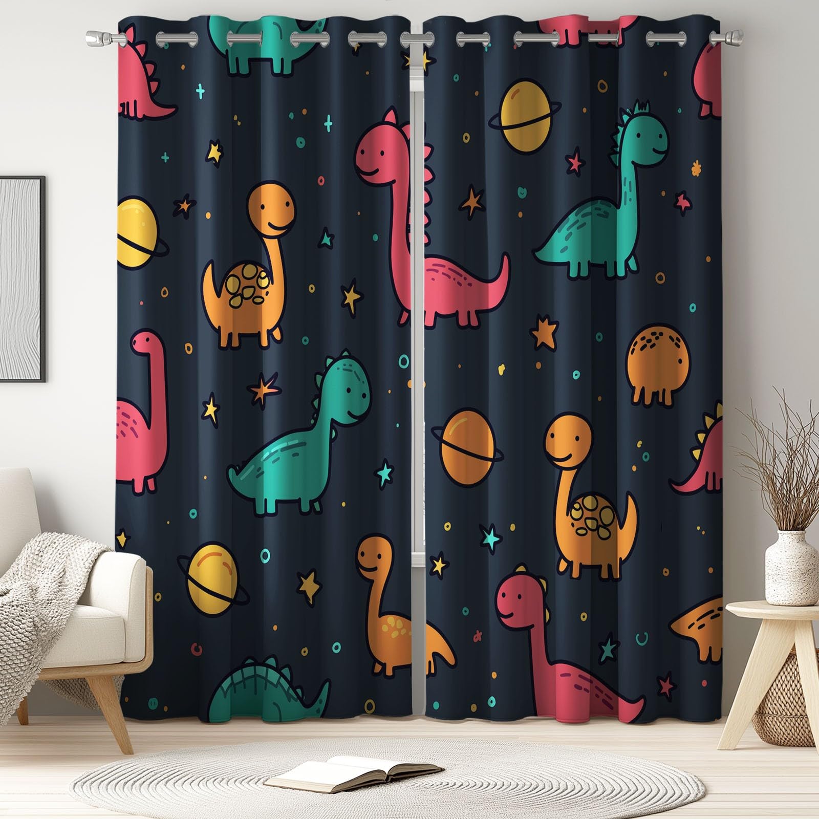 Générique Rideaux en Rideau Occultant Thermiques Rideaux à Oeillets Cartoon Space Dinosaur Planet Galaxy Stars Blue Kids Pattern pour Chambre Salon 2 Panneaux 117 x 229 CM