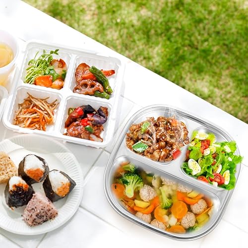 Miniatura 4 de Bandeja de almuerzo dividida de acero inoxidable 304 con tapa transparente, plato de tres compartimentos para reuniones escolares familiares y