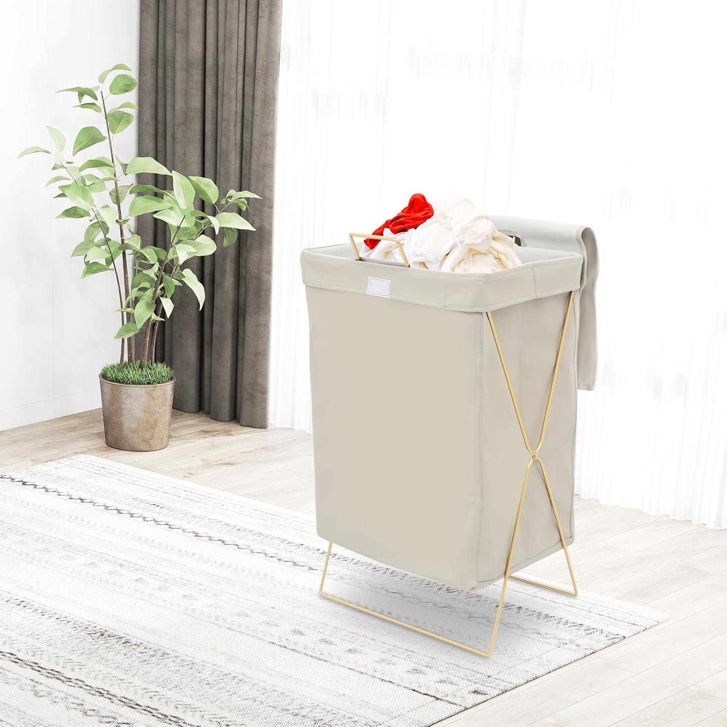 X-Frame Laundry Basket with Lid, Foldable Laundry Hamper, Gold Metal Collapsible Bag Sorter Organizer, Luxury Folding Dirty Clothes Washing Bin (Gold Frame+ Grey Bag)