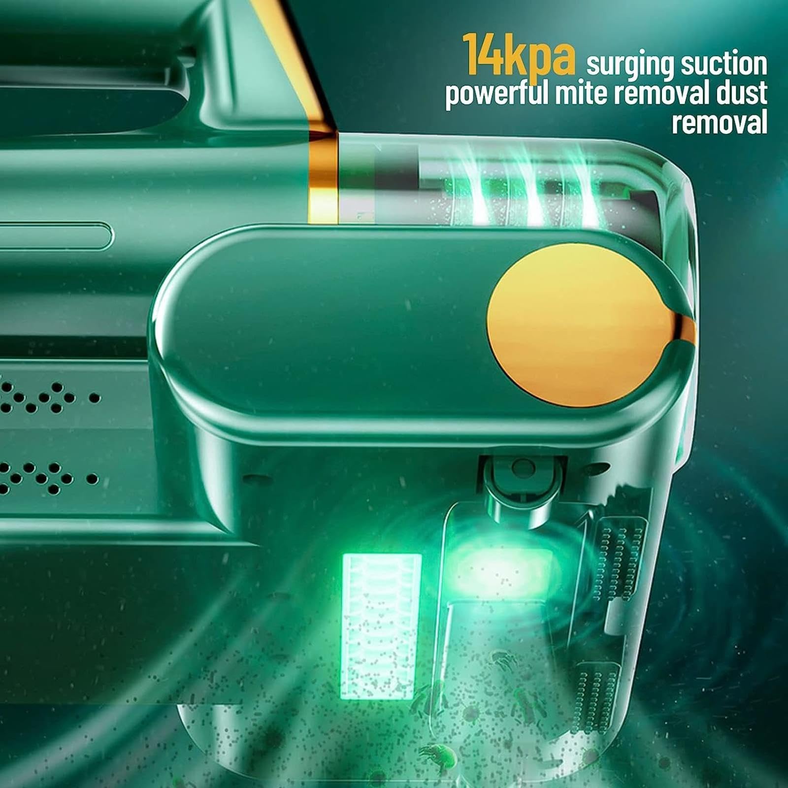 MELLYD Aspirateur Anti-Acariens, éLimine 99,9% des BactéRies, AllergèNes, Acariens Nettoyeur D'Acariens avec LumièRe UV Et Vibration Nettoyeur De Lit sans Fil pour Le Nettoyage,Green