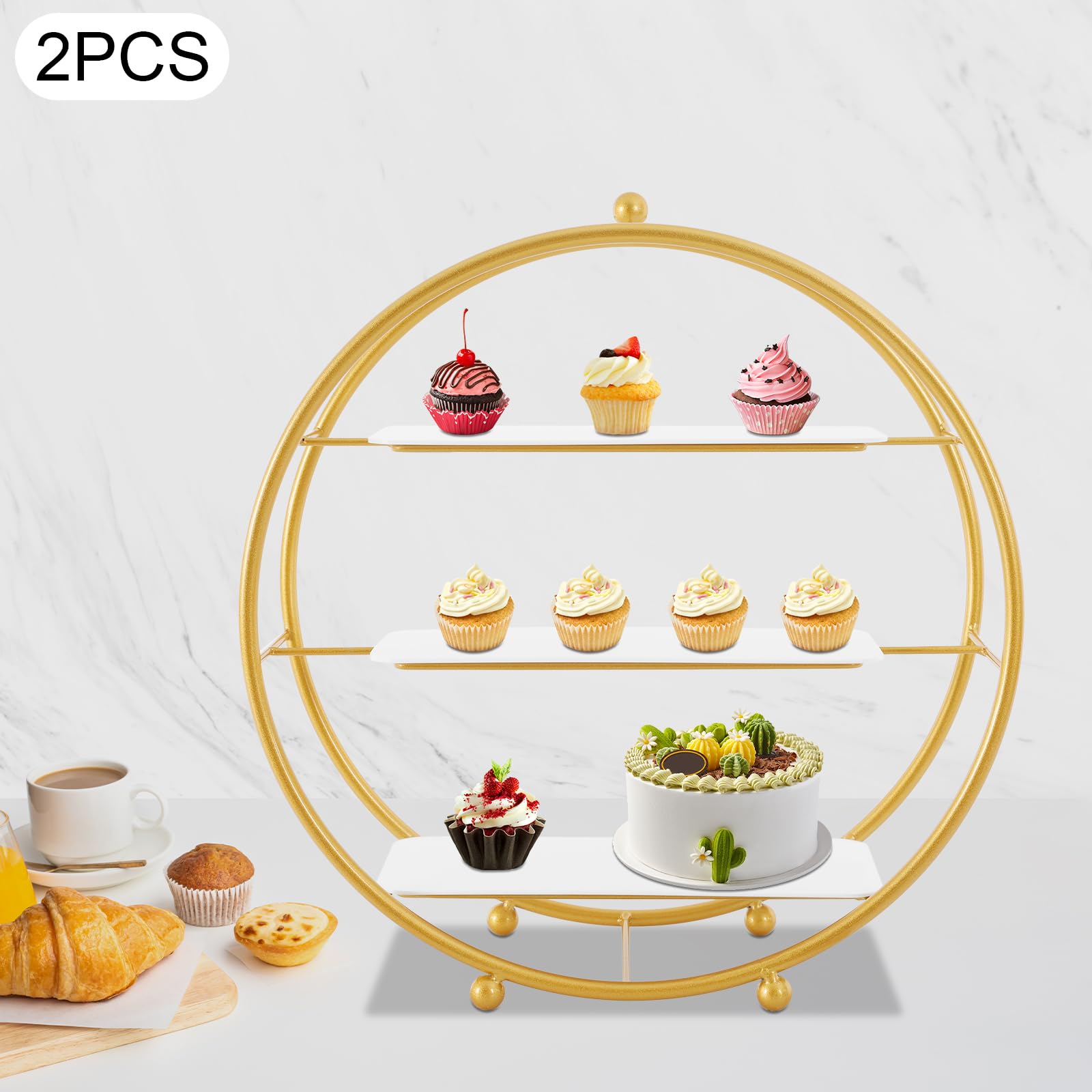 2 Pcs 16.9 Inch Round Gold Tiered Cupcake Stand, 3 Tier Cupcake Holder Stand, Dessert Stand for Party Wedding Birthday Anniverary