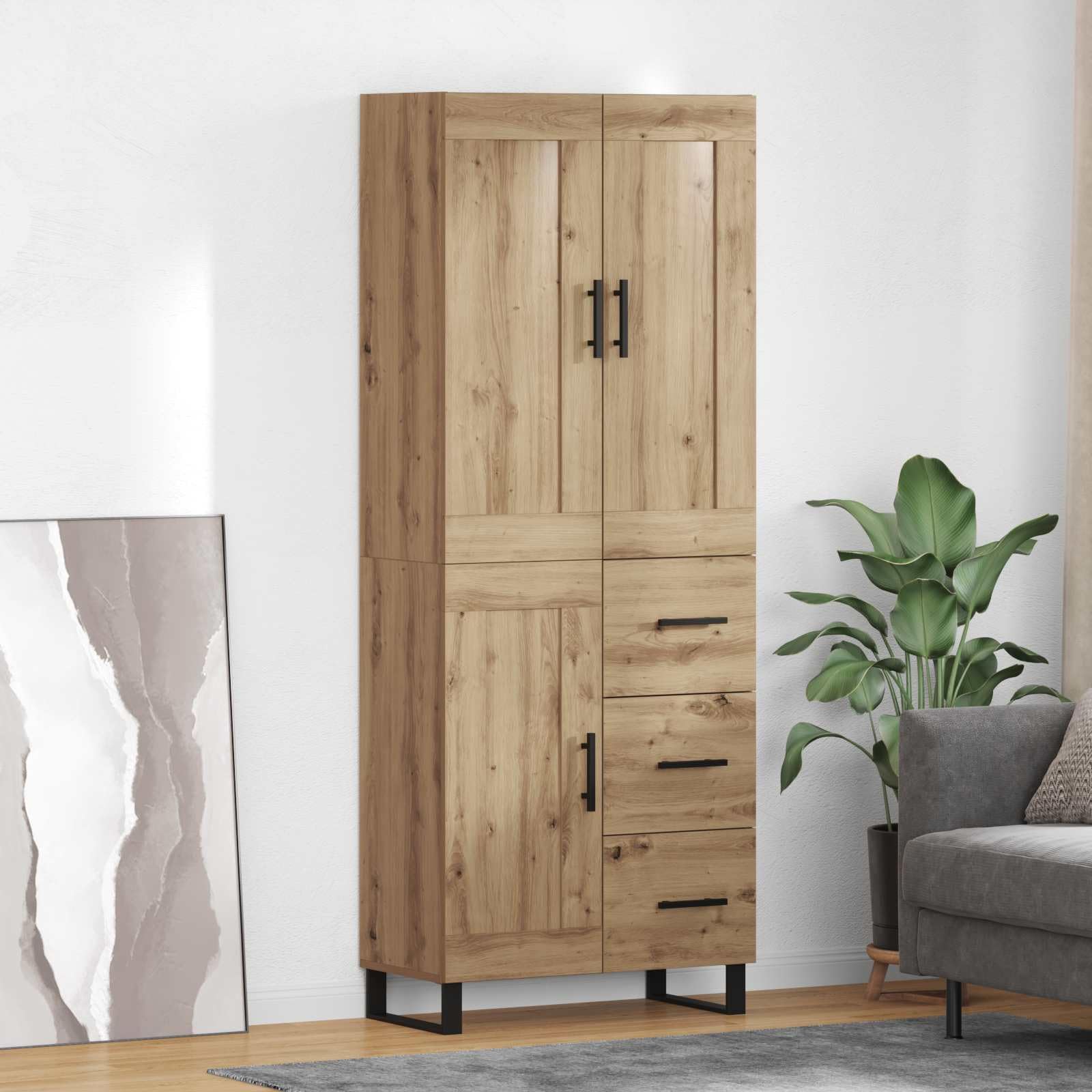 Armadietto multiuso in rovere Artisan, 69,5 x 34 x 180 cm | Armadietto robusto per sala da pranzo e soggiorno con ripiani versatili e gambe in metallo robuste.