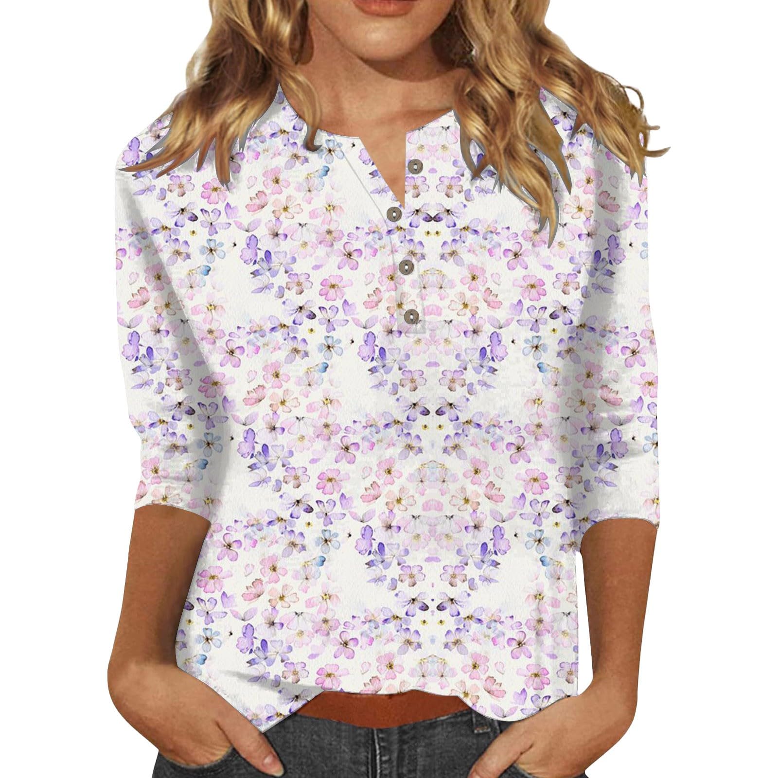 Oversized Tops for Women UK Women's Fashion Button Up Three Quarter Sleeve T Shirt Shirt Floral Print Top Summer Top for Women UK Outfits for Women Going Out