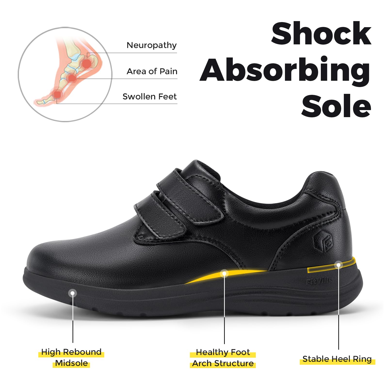 FitVille Scarpe Diabetici Donna Pelle Pianta Larga Scarpe Ortopediche Strappo Scarpe Comode da Passeggio pour Piedi Sensibili Piedi Gonfi