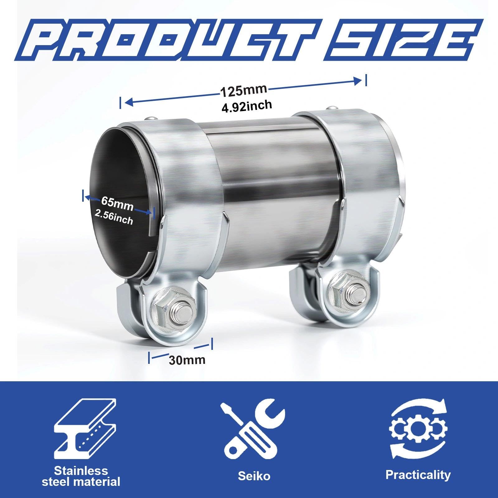 Uitlaatklem, roestvrij staal, buisconnector, 50, 55, 60 mm, uitlaatklemmen, klemmen met dubbele klem, uitlaatsysteem, universeel, 95 mm lengte ( 65 mm / L: 95 mm