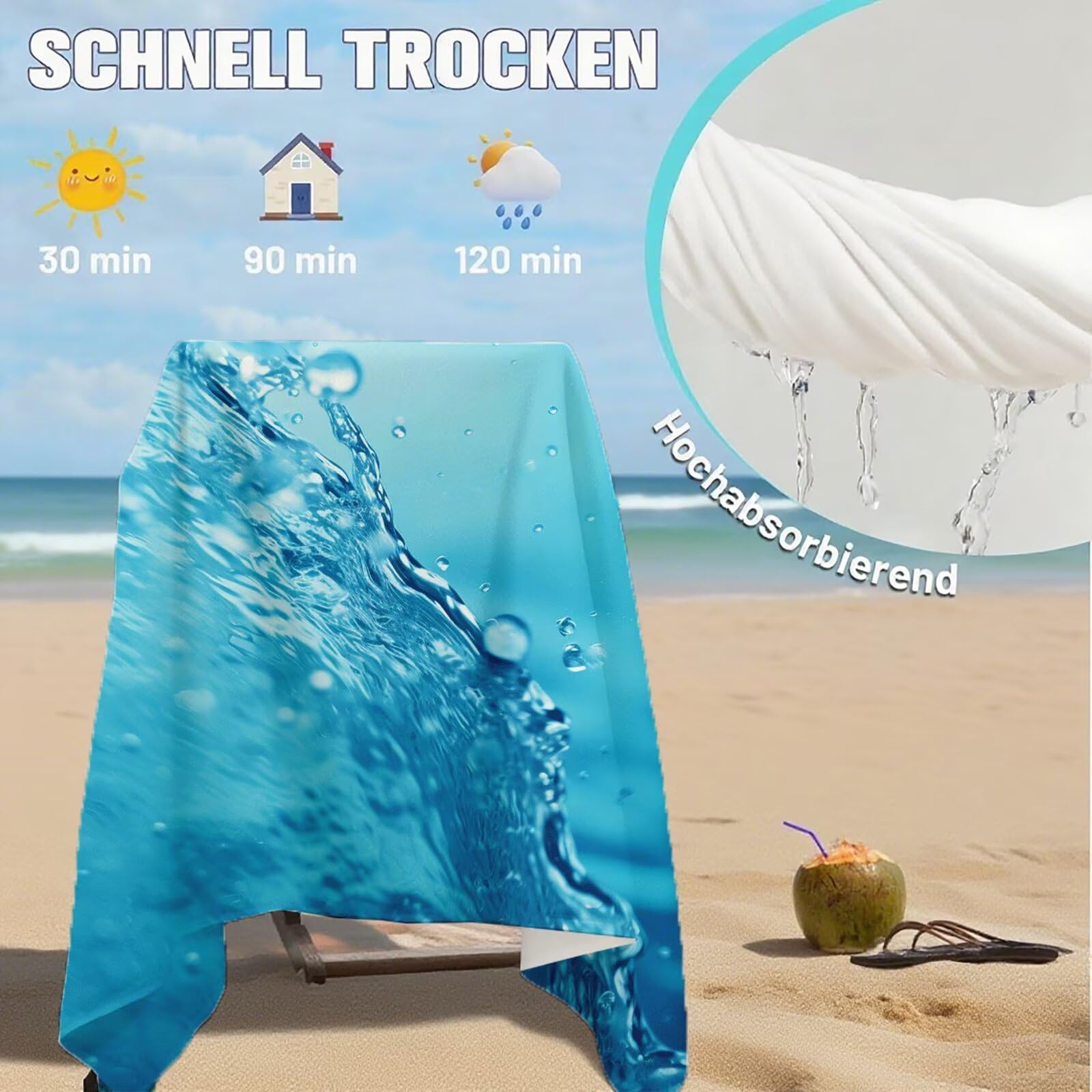 Serviette Plage Bleu Motif, Serviette de Plage XXL 100x180 avec Sac, Serviettes de Bain Microfibre Séchage Rapide Anti-Sable Absorbante Fonction pour Bain, Sport, Voyages, Sauna, Piscine Q-638