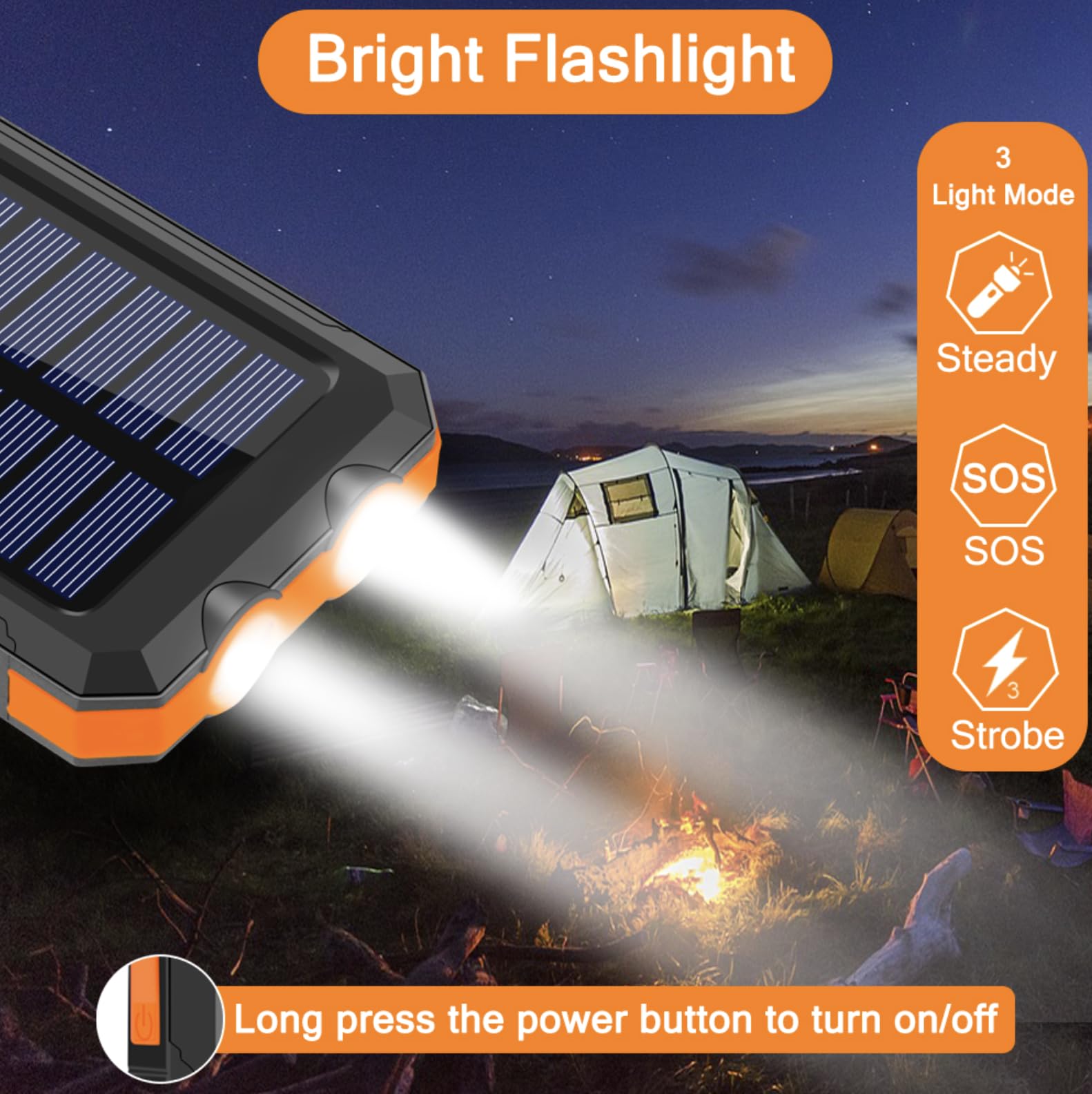 Power Bank Solar 20 000 mAh Chargeur portable 3 en 1 étanche et résistant – Charge rapide USB et USB-C avec lampe torche – Batterie externe pour iPhone, Samsung – Camping, Outdoor et urgences