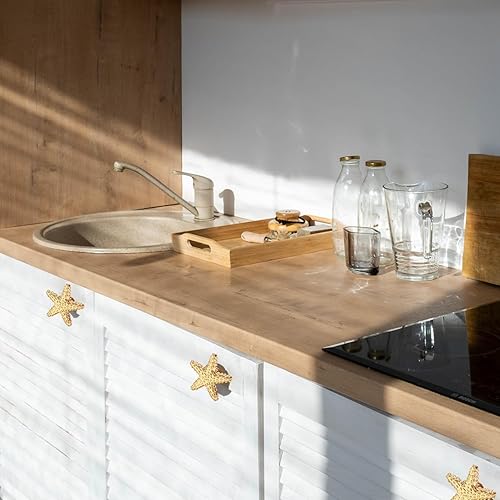 Miniatura 5 de 4 tiradores de estrellas de mar, tiradores de estrellas de mar, asas doradas, diseño costero, playa, océano, tiradores de un solo agujero, manijas