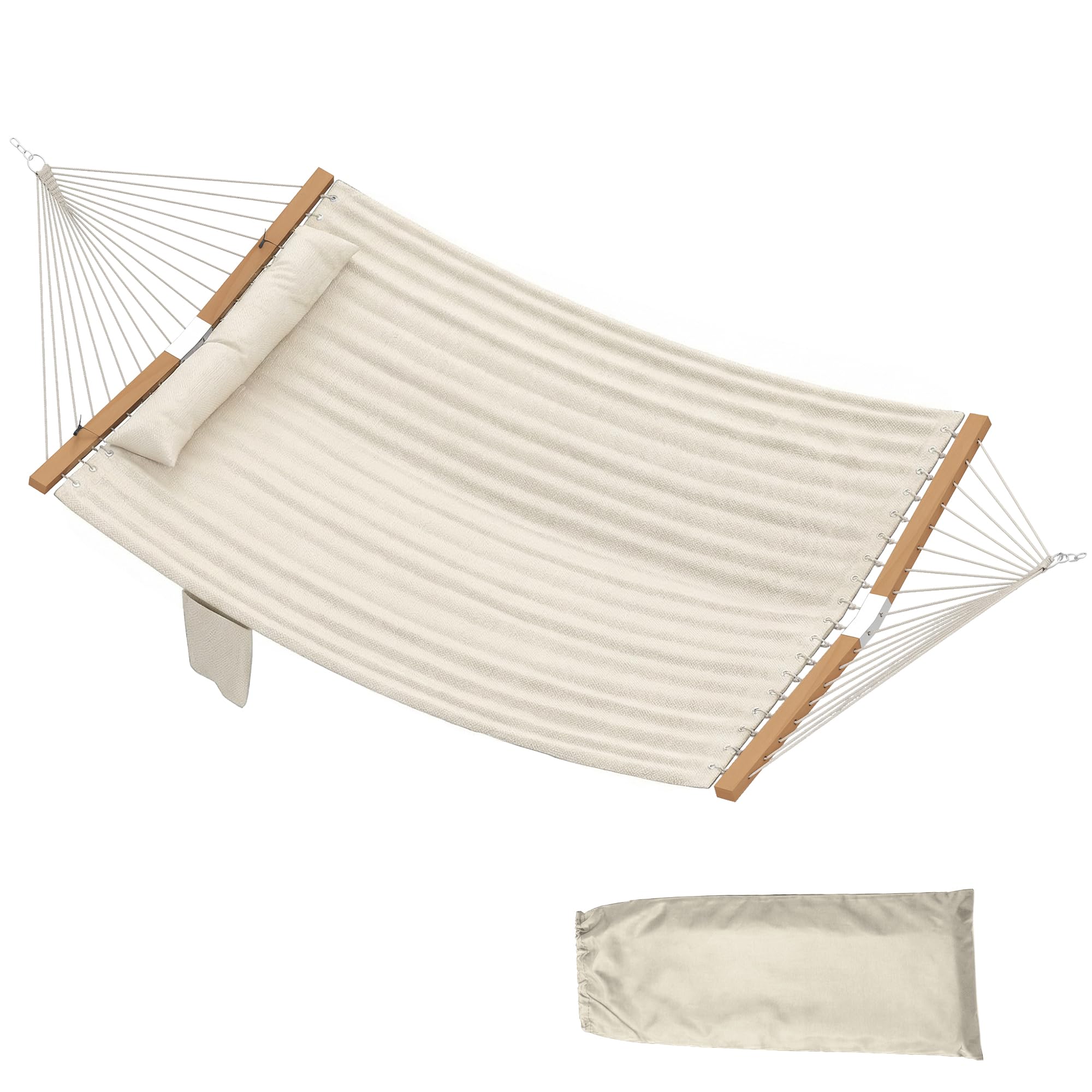 Outsunny Hamac Suspendu 325 cm, hamac avec Oreiller Extra-Long, Tissu matelassé, Poche pour Magazines, Barres Anti-basculement en hêtre courbées en Forme de V, intérieur et extérieur, crème