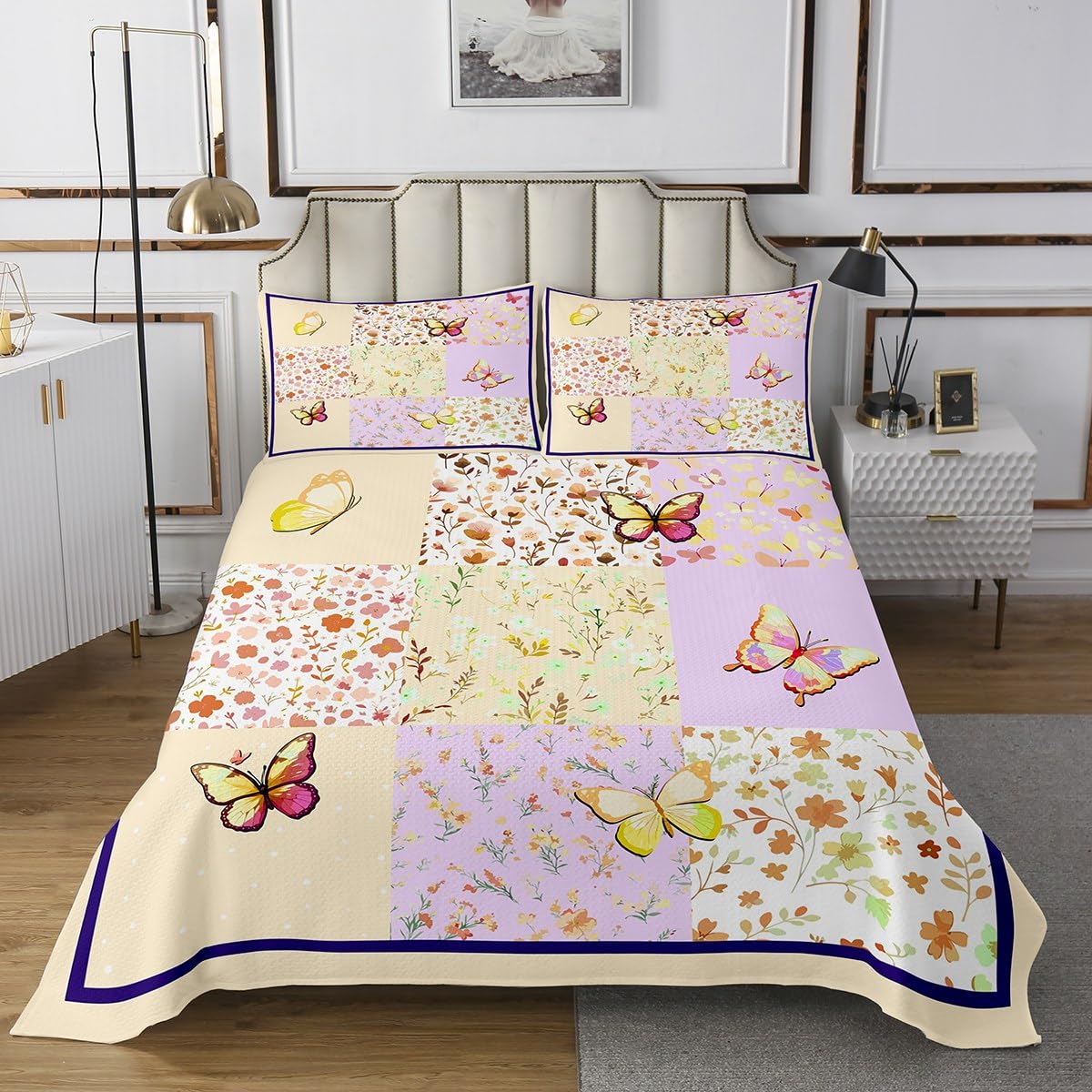 Erosebridal Butterfly Quilt Set Yellow Butterflies Bedspread Set for Girls Kids Dreamy Grid Patchwork Queen Bed Set,Fantasy Chic Butterfly Flower Leaves Bedding Set for Girls Child Bedroom Decoration