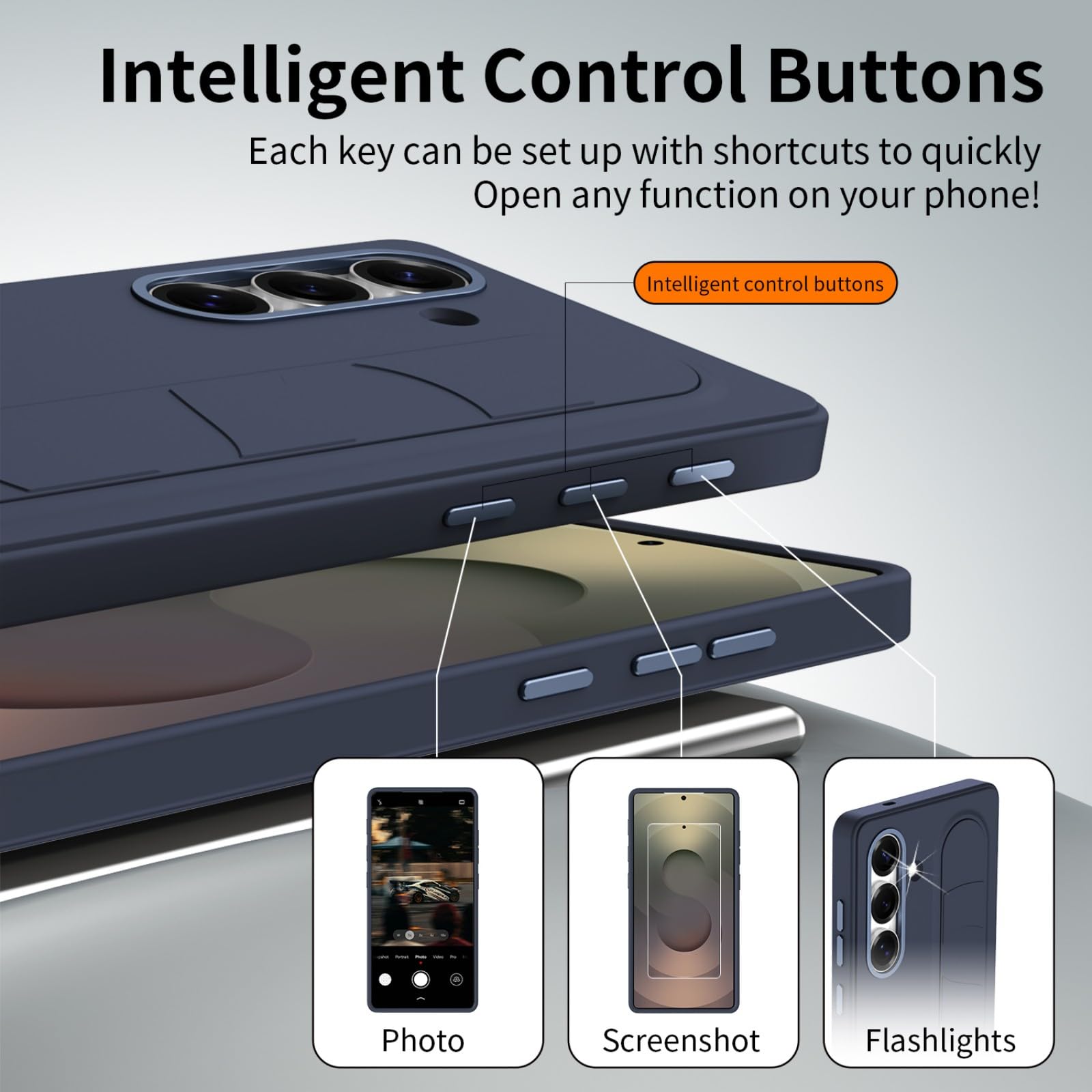 Etui na S24 Plus Case + 3 inteligentne przyciski NFC + pasek na nadgarstek i uchwyt + pierścień ze stopu obiektywu, stojak na uchwyt do Samsung Galaxy S24 + (1)
