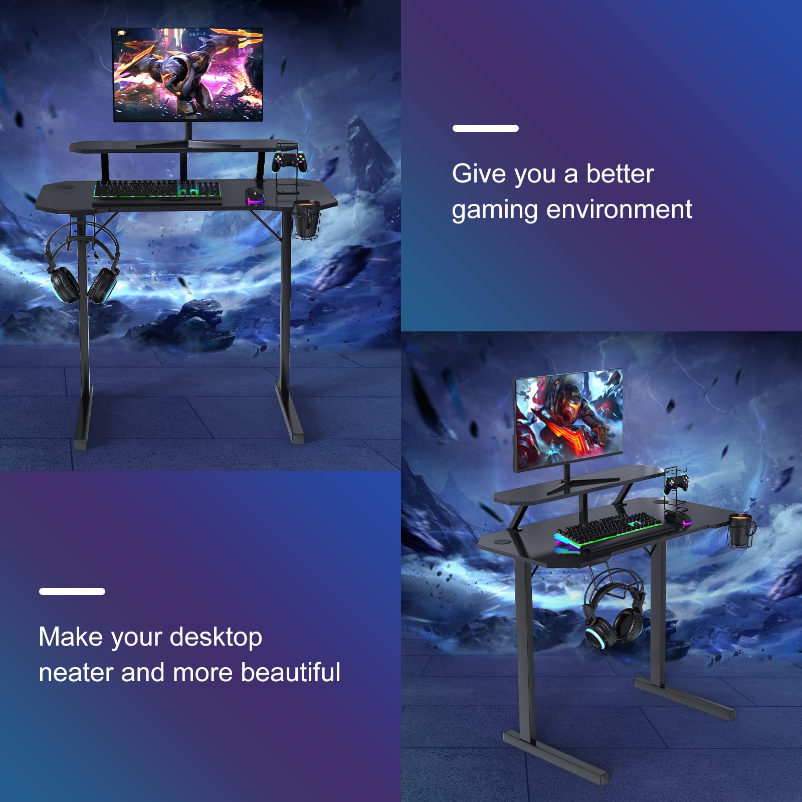 Escritorio Gaming Mesa Escritorio para Computadora Mesa para PC con portavasos y Gancho para Auriculares Escritorio con Soporte para Monitor 100x55x75 cm Negro