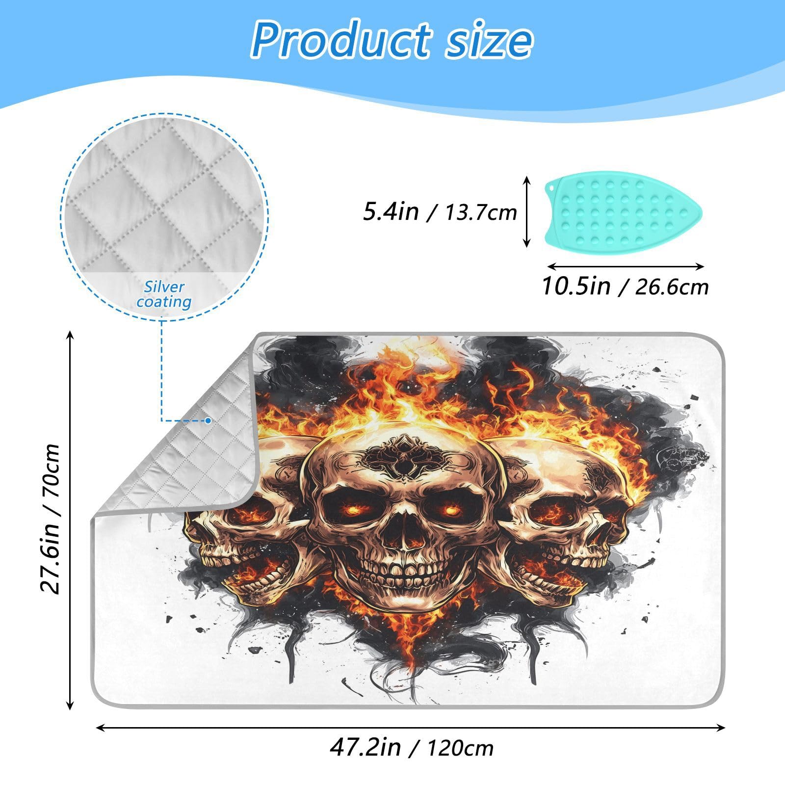 pnyoin Portable Ironing Mat Skulls in Flames Symmetrical Travel Ironing Pad with Silicone Iron Rest for Steam Pressing on Tabletop or Bed Heat Resistant Portable Quilting & Travel Blanket