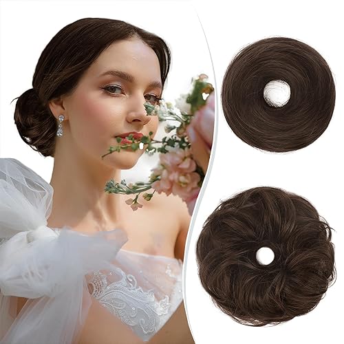 RUWISS Extensiones de cabello humano real largo y fino, lacio, recogido, moño recogido, elegante, para mujer, 0.88 oz (marrón oscuro con un 15% de