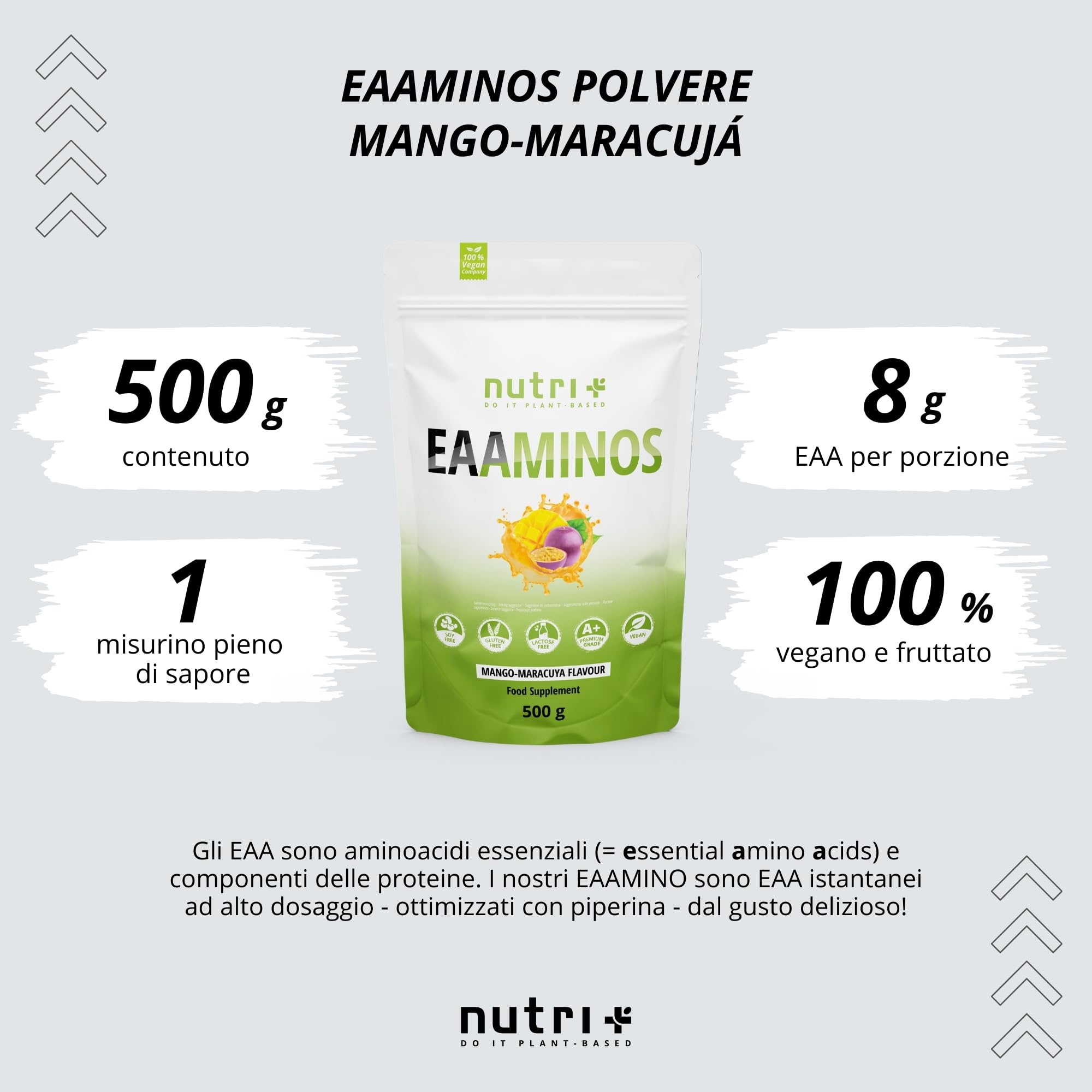 Nutri + EAA Vegani in Polvere Aminoacidi essenziali 500 g Plant based – Fermentazione vegetale – ideali pre intra post Workout - Mango & Passion Fruit