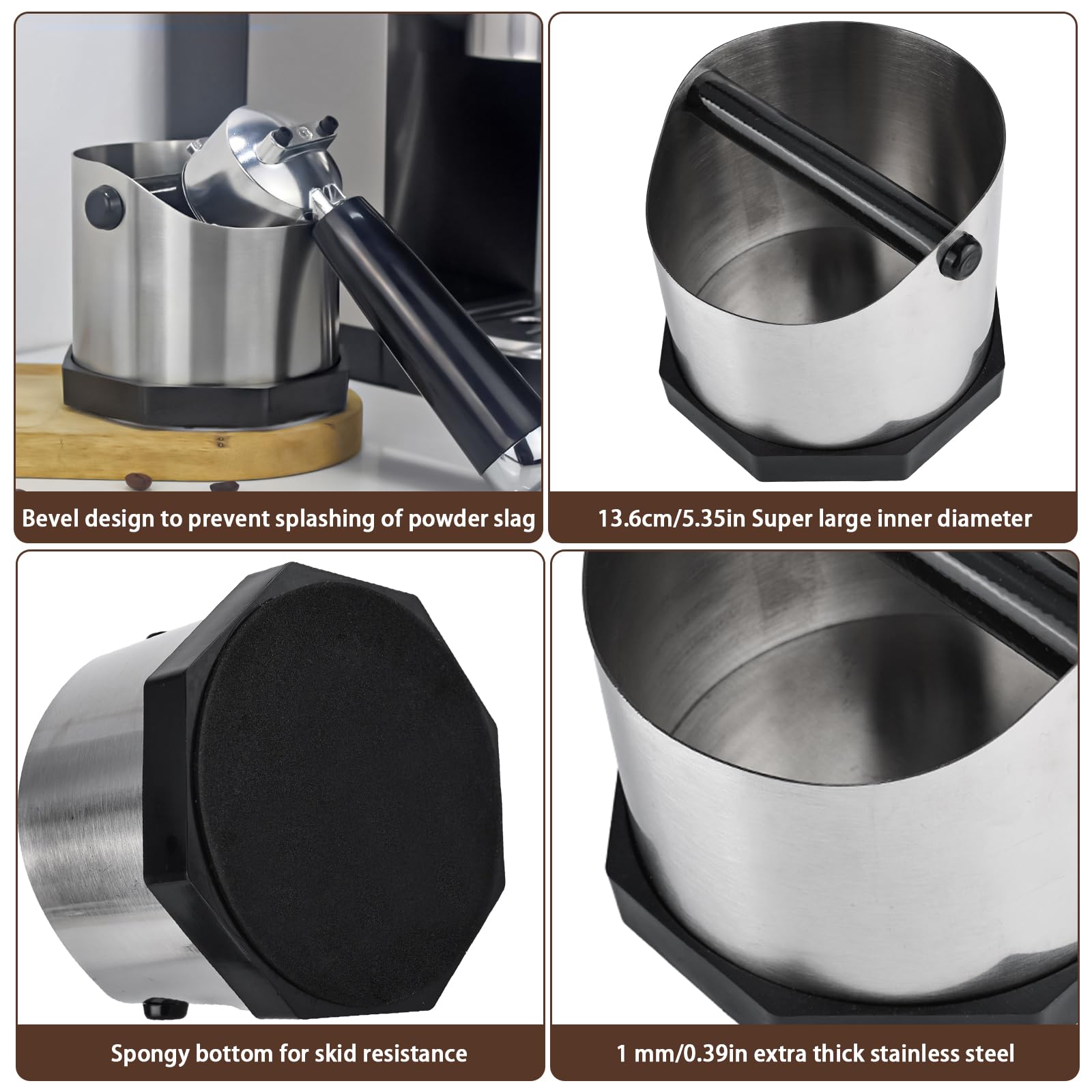 Contenitore per colino Knock Box grande capacità 1,8 l, con fondo antiscivolo, per caffè (argento)