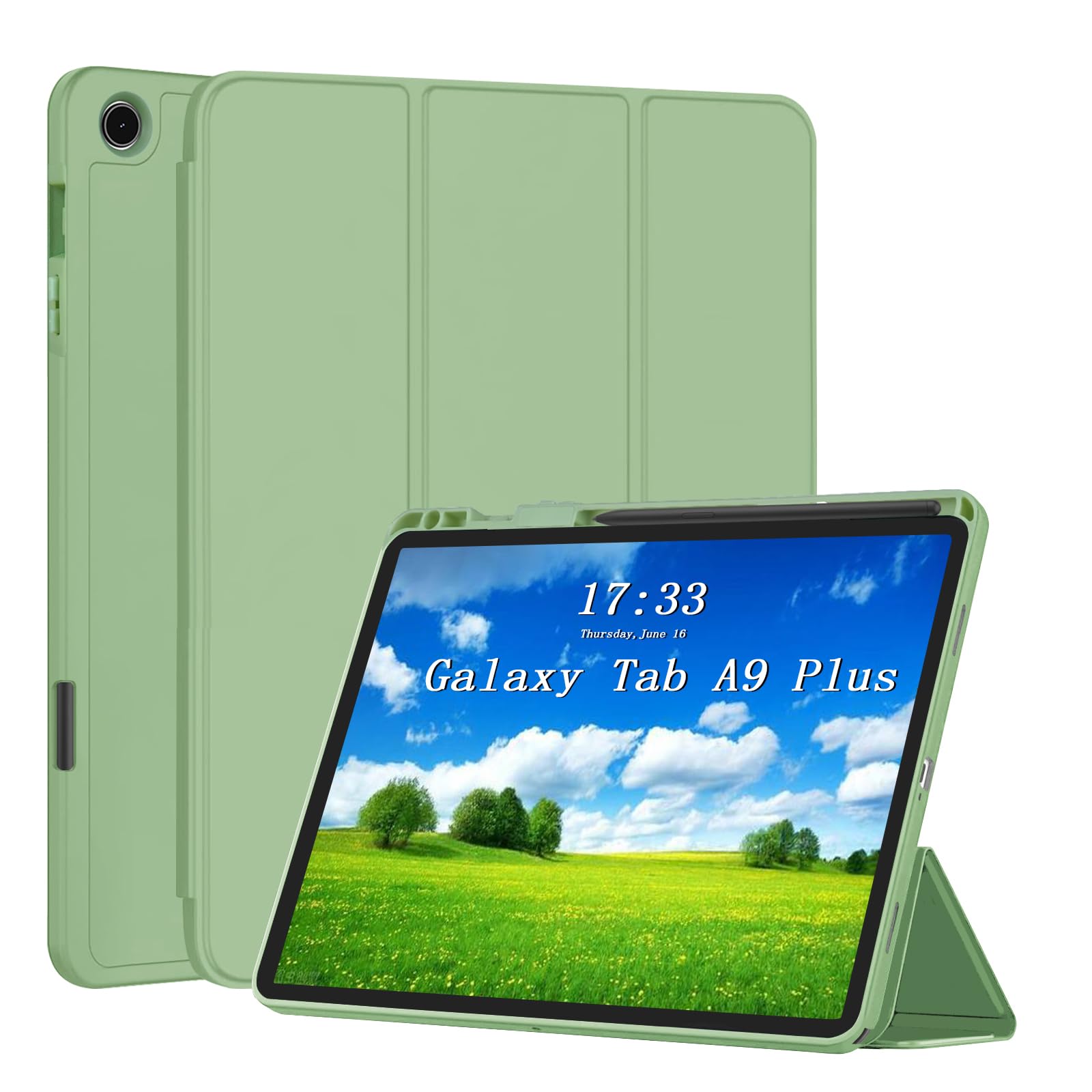 CASZONE Samsung Galaxy Tab A9 Plus 11 inch Case 2023 with Pencil Holder,TPU Trifold Stand Galaxy Tab A9+ 11 inch Cover Auto Sleep/Wake Green
