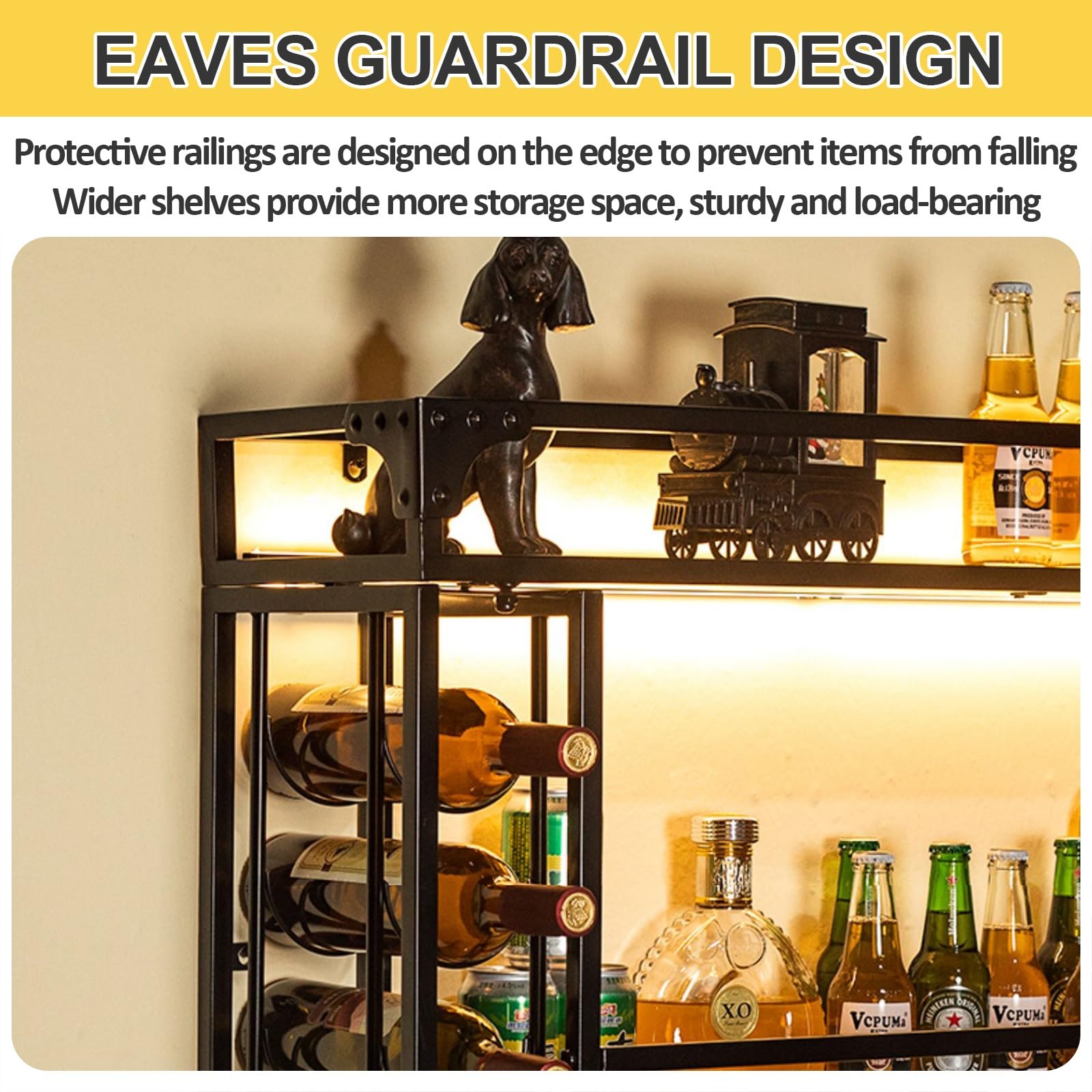 Botellero LED montado en la pared, soporte de metal para botellas y vasos, estante flotante para licor para decoración de cocina y bar, elegante exhibición de almacenamiento de vino (120 x 55 cm
