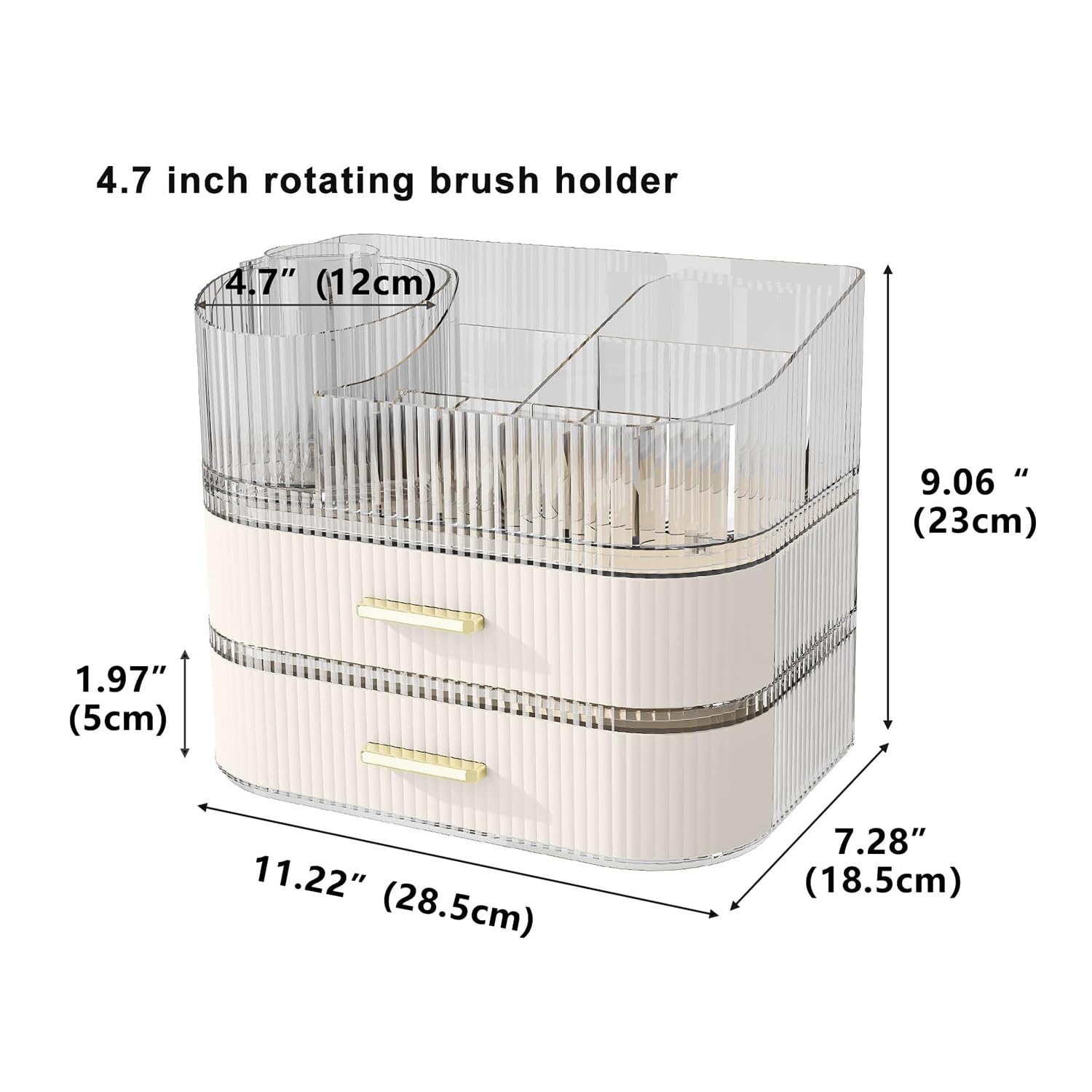 Make-up Organizer mit 2 Schubladen, 360 Grad drehbarer Make-up-Pinselhalter, 27,9 cm breit, groß, stapelbar, Kosmetik-Vitrine, Hautpflege-Organizer und Aufbewahrung für Kommode, Schminktisch