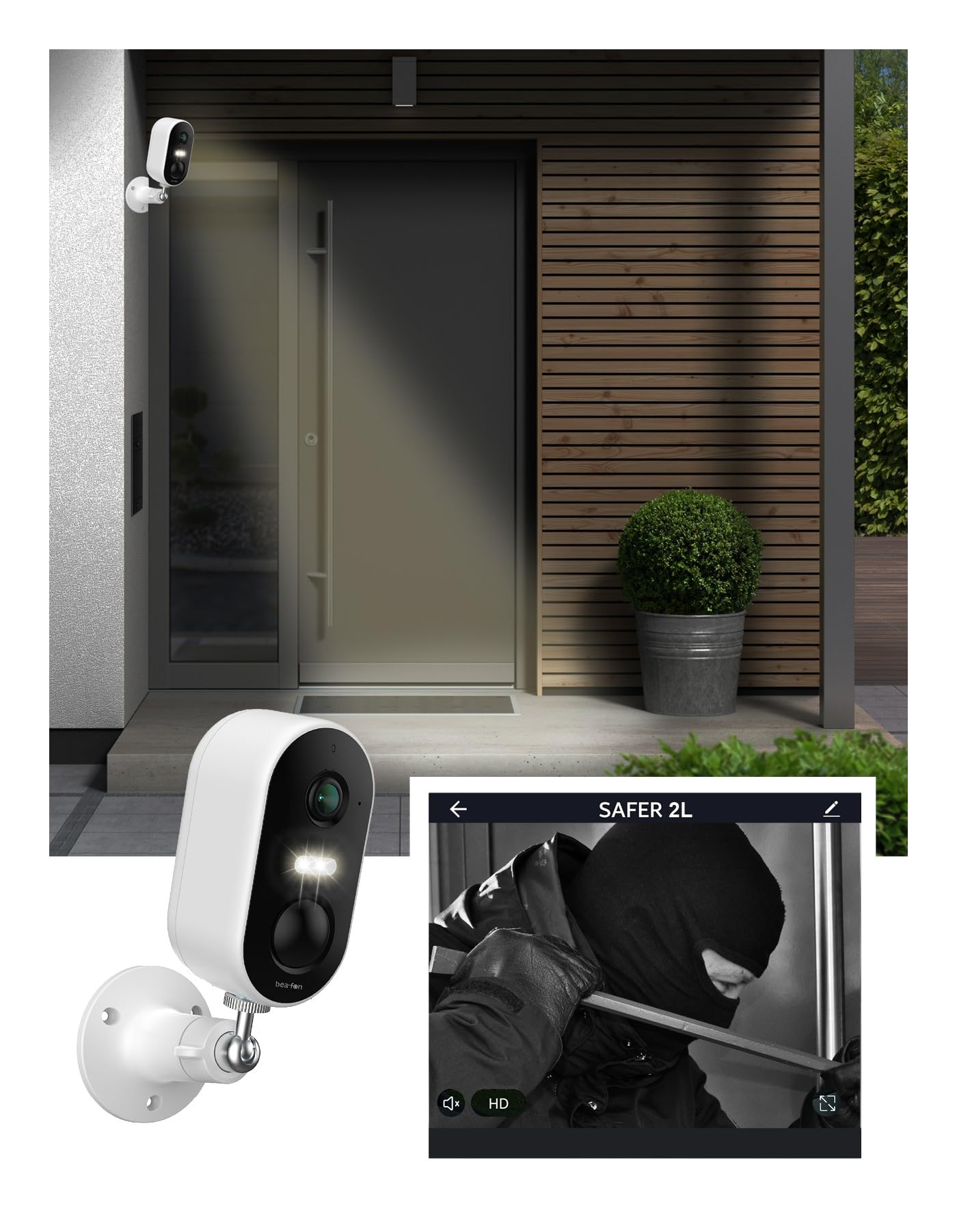 Beafon, Smart Home, Safer 2L, schwenkbare Überwachungskamera für den Außenbereich mit LED Licht, 3MP Super HD Kamera, IP65, weiß, Standby bis zu 6 Monate, Akku 5.200 mAh, kabellos