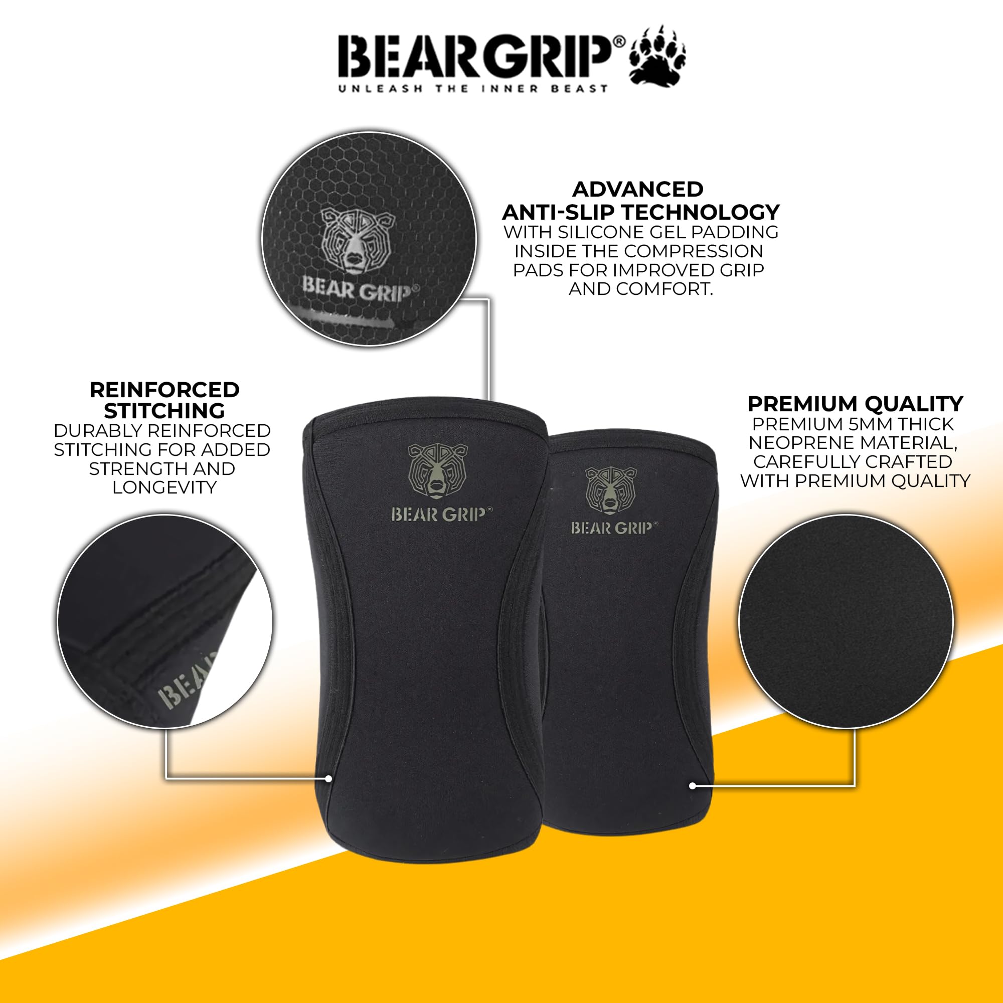 BEAR GRIP Manicotti a compressione per gomito, 7 mm, per sollevamento pesi, con fodera interna antiscivolo, per uomini e donne, ideali per allenamento di forza e fitness, nero/grigio, M