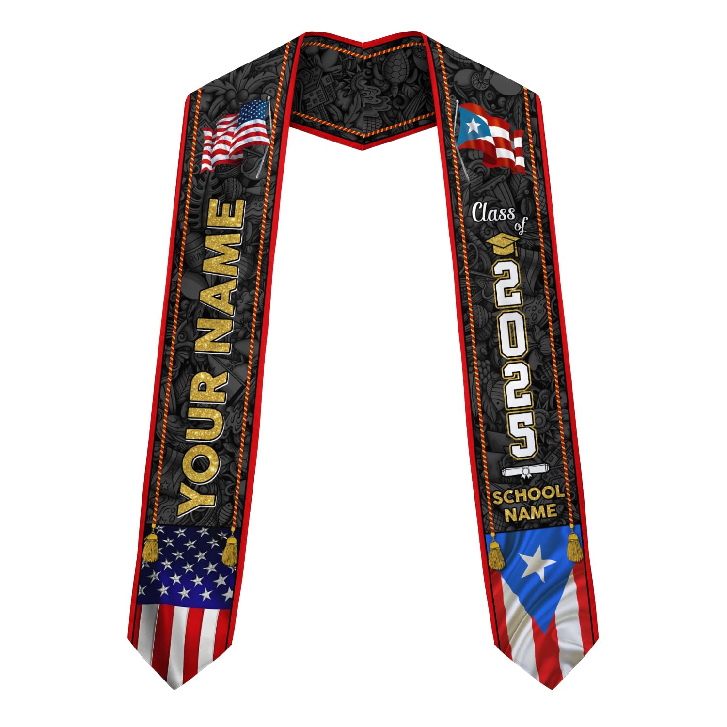 MonkeyVan Personalized Puerto Rico Graduation Sash 2025, Custom Puerto Rican American Flag Graduation Stole Class of 2037 S165