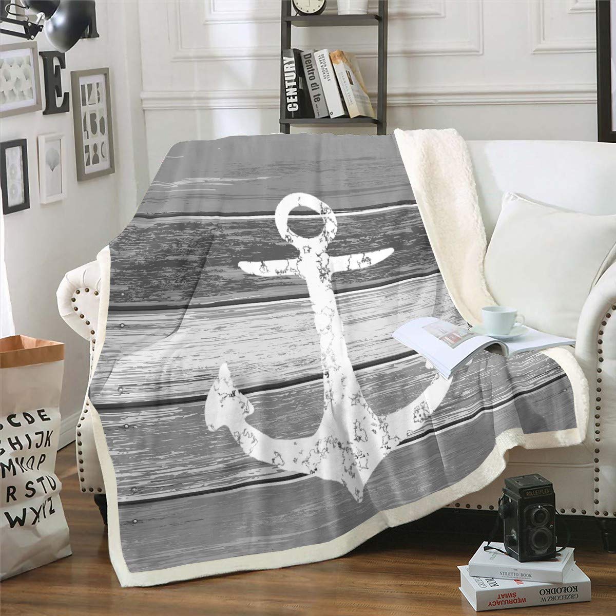 Homemissing Anker Wohndecke Nautisches Thema Decke 150x200cm Vintage Timeworn Verwitterte Holzbretter Rustikales Kuscheldecke Weich Luxus Dekor,Grau